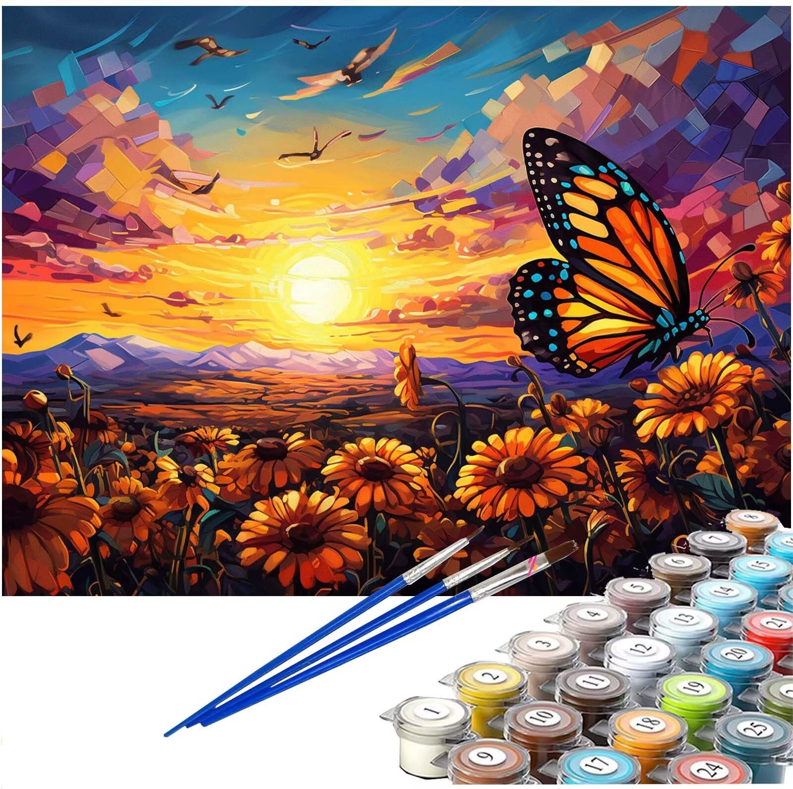 Grand Peinture par Numero Fleur Motif Coucher de soleil Peinture Numero Adulte Activite Manuelle, DIY Paint by Numéro Enfant Kit de Peinture à l'huile Toile 90x70 cm, Decoration Cadeau Femme KE-827