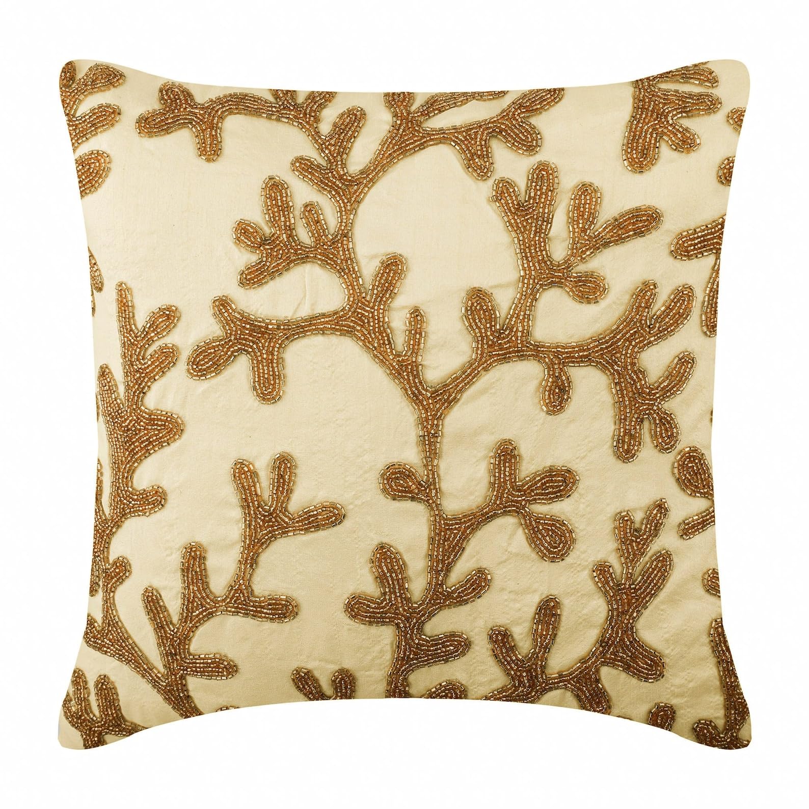The HomeCentric Gold Euro Shams, Pack of 2, 65x65 cm (26"x26") Euro Shams, Coral Design Beach and Ocean Theme Beaded Euro Cushion Shams, Silk Euro Cushion Shams, Floral Modern Euro Shams - Coral Shine