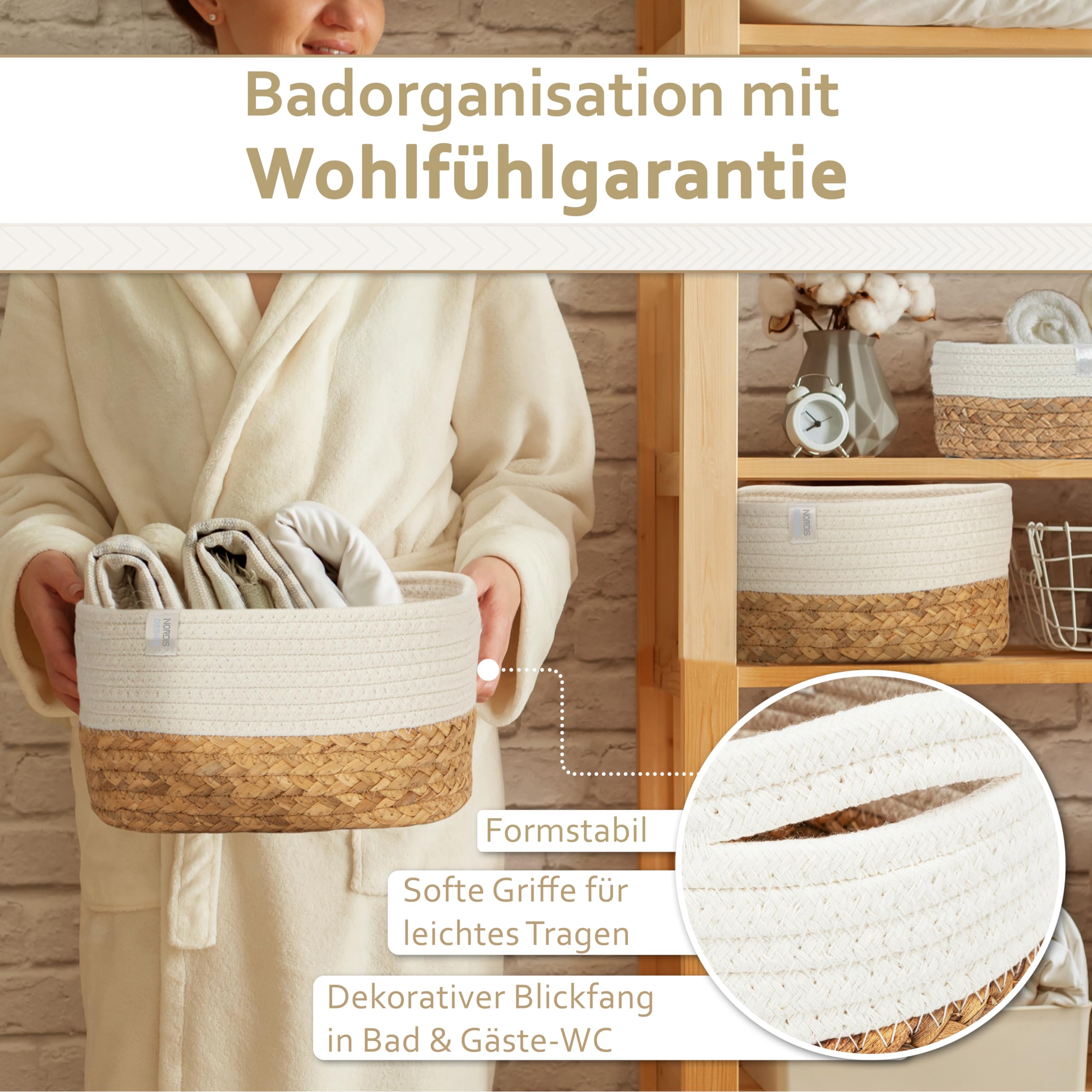 Aufbewahrungskörbe 3er Set aus Wasserhyazinthe und Baumwolle, Bad Aufbewahrungskorb geflochten als Badkorb zur Badezimmer Aufbewahrung & Bad Organisation creme-weiß