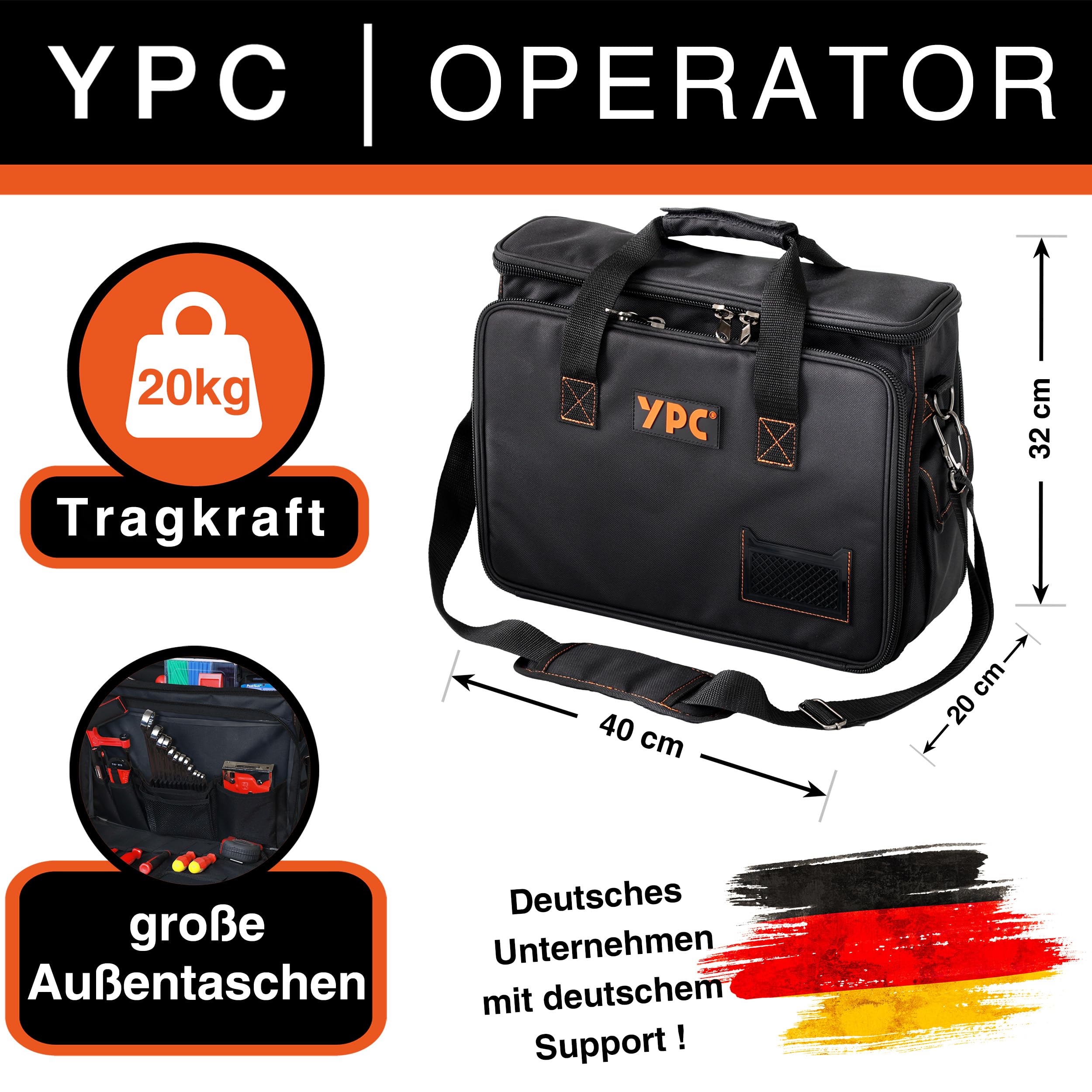 YPC Torba narzędziowa Operator XL – praktyczna torba na ramię, przenośna torba do przechowywania, wodoodporna, odporna na rozdarcie, pasek do noszenia lub regulowany pasek na ramię, czarna, 40 x 32 x