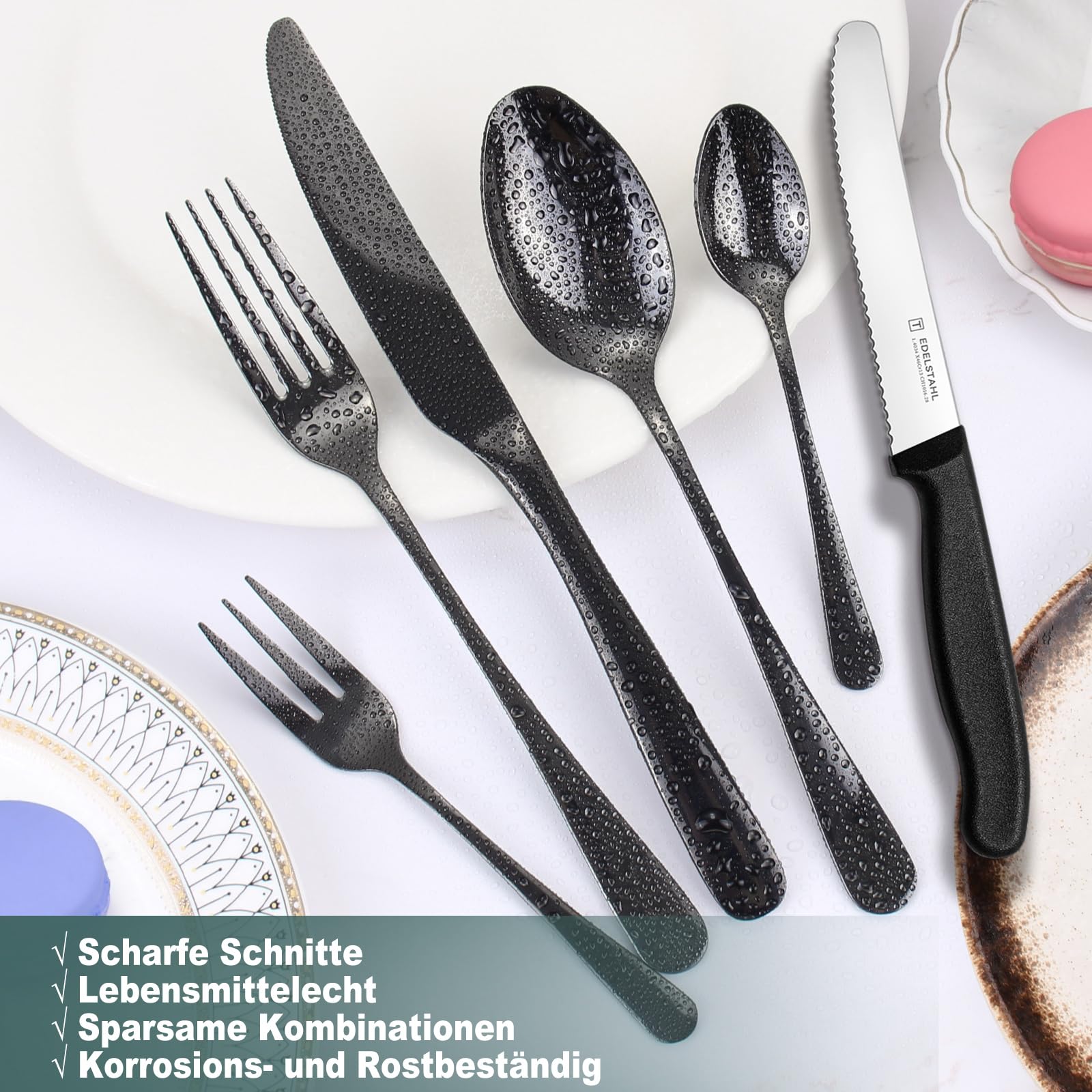 Besteck Set 6 Personen,Targzier 36 teiliges Edelstahl Besteckset mit Frühstücksmesser,Hochwertiges Essbesteck,Messer Gabel Löffel für Familie/Party/Hotel,Schwarzes&Spülmaschinenfest Bestecksets