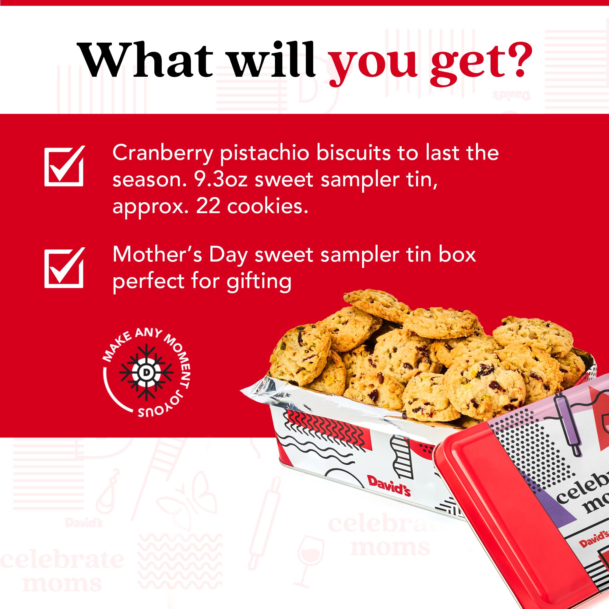 David's Cookies Celebrate Moms Cranberry-Pistazien-Beksdose – unwiderstehliche Crunch, Snacks und Bäckerei-Leckereien – ideal für Snacks und als Geschenk – Gourmet-Muttertagsgeschenk, 264 ml