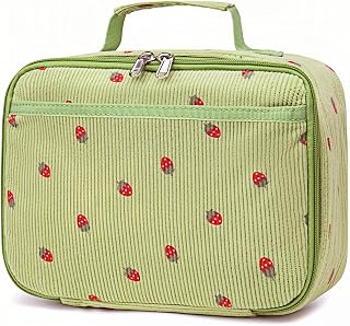 Bluboon Corduroy Insulated Lunch Bag for Kids Girls - Strawberry Green Lunch Box School Tote Cooler with Pocket
