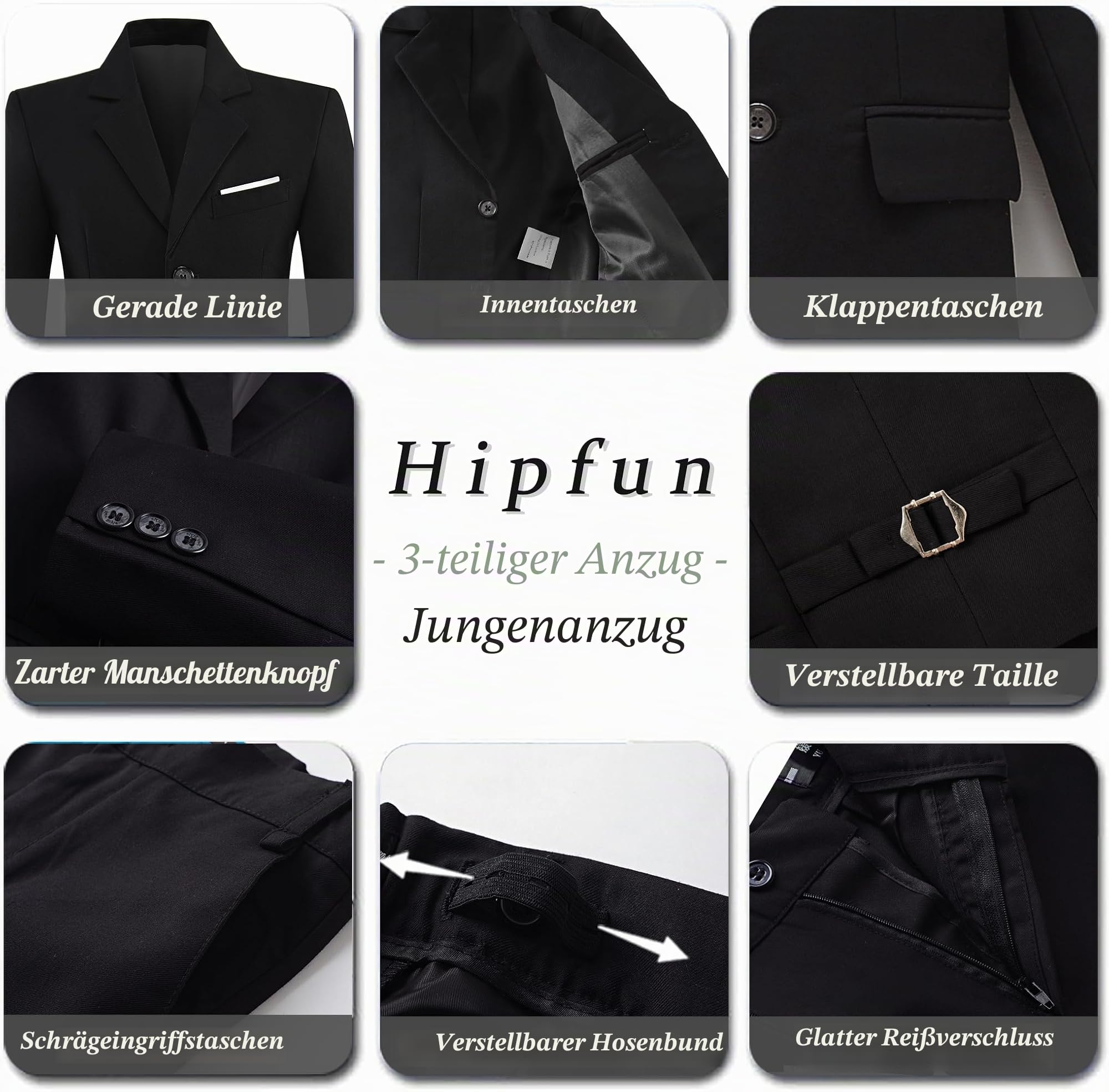 Jungen 3-teiliges Anzug-Set mit Anzugjacke, Weste, Hose, formeller Smoking, schmale Passform, Ringträger-Outfit, Größe 2–20
