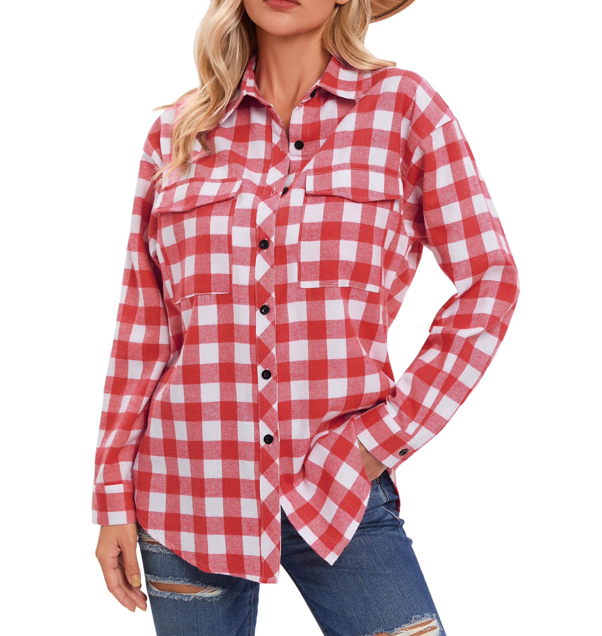 Timuspo Damen Kariertes Hemdbluse Knopfleiste Langarm Oktoberfest Bluse Karo Tunika Casual V-Ausschnitt Oberteile Flanellhemd Tops