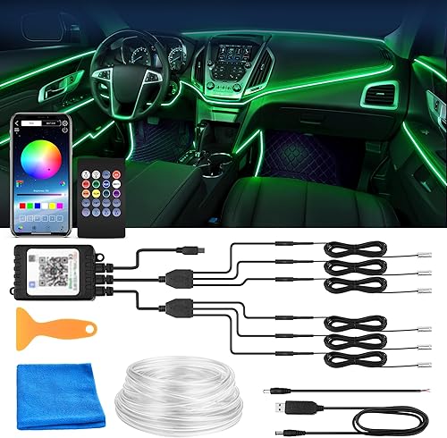 Miniatura 8 de MICTUNING Tira de luz LED para interior de automóvil, RGB multicolor 8 en 1 con 400 pulgadas, kits de iluminación ambiental de fibra óptica con