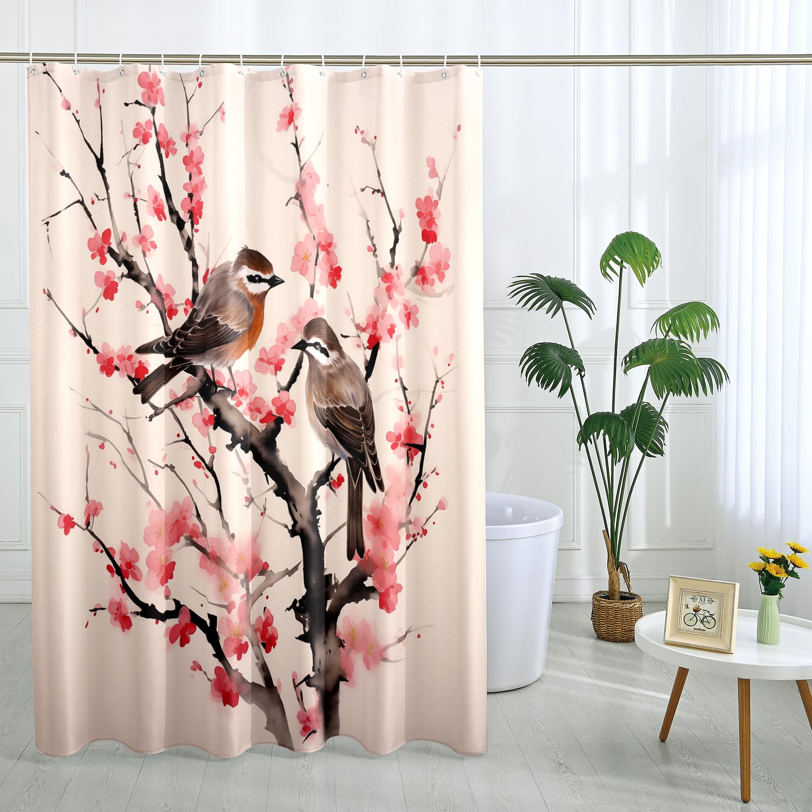 Witzest Asian Shower Curtain with Bird - Japanese Cherry Blossom, Anime, Watercolor Art Bathroom Decor - Polyester Fabric 72" x 72"