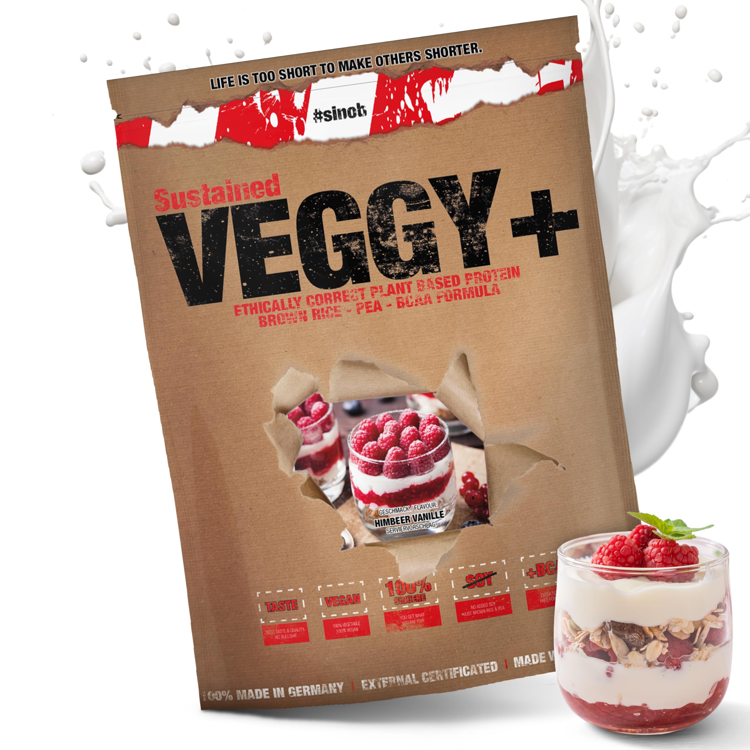 Veggy+ Veganes Proteinpulver (Vanille Himbeere) aus Reis- und Erbsenprotein Pulver mit vegan BCAAs 1 x 900 g Protein Pulver für Veganer. Mehrkomponenten Protein Pulver 70 prozent Eiweiss