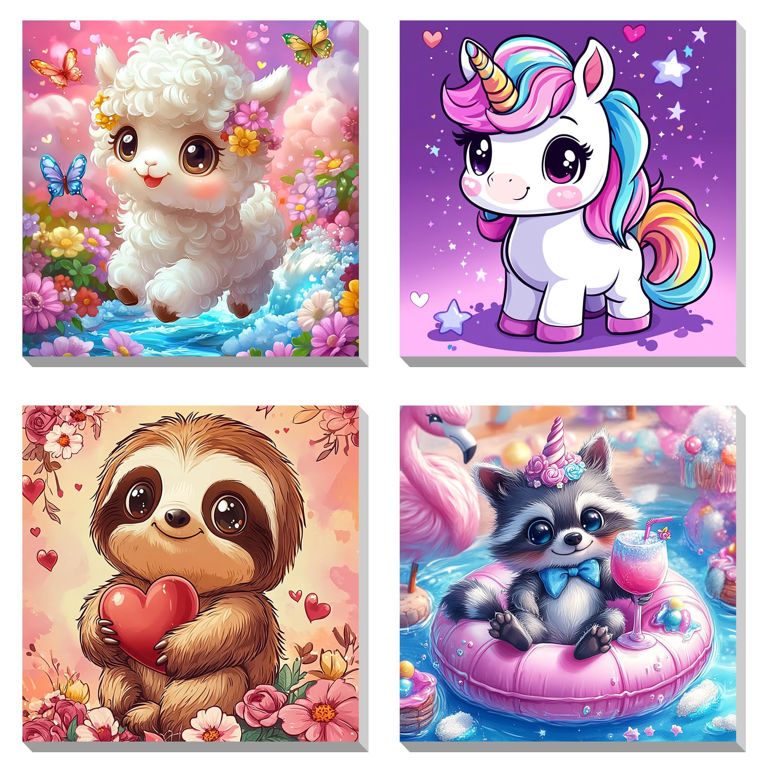KEYIFA 4 Pack Paint by Numbers Kits for Adults Beginners, Cartoon Animals Paint by Numbers Framed on Canvas，DIY Craft Art Painting Kits for Children，Oil Painting Kits Home Wall Decor