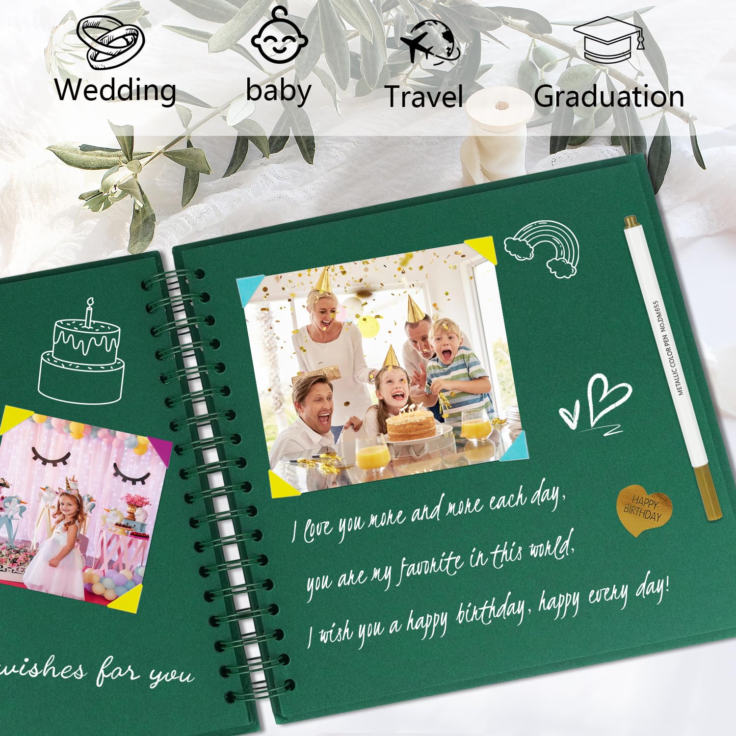 Miaikoe DIY Scrapbook Album 31.5x31.5 cm Hardcover Kraft Blank Paper Scrap Book with 40 Sheets Memory Book for Family Wedding Photography Anniversary (Dark Green) - Image 3
