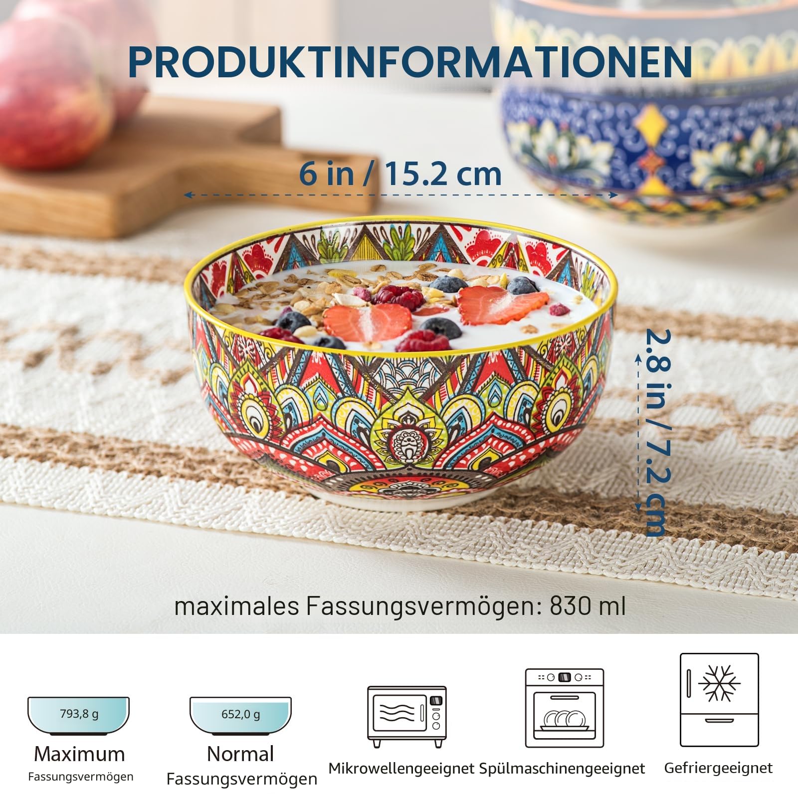 Henten Home Müslischalen 6er Set, 830ml Keramik Suppenschalen, Servierschalen mit Doppelseitigem Muster für Müsli, Suppe, Haferflocken, Salat, Spülmaschinen- & Mikrowellenfest