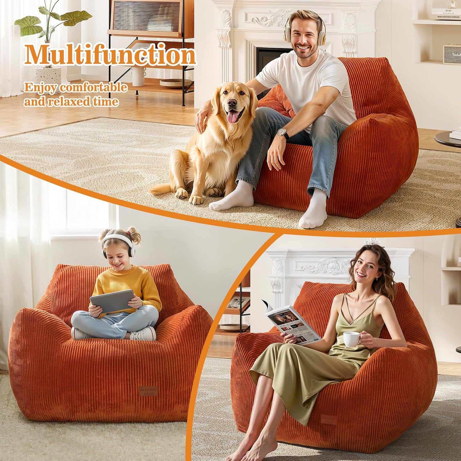 Big Bean Bag Chair for Adults, Ultra Soft Living Room Bean Bag with Armrests, Stuffed BeanBag Chair for Napping, Gaming, Vacuum-Compressed for Easy Gifting, 48 Hours to Fluffs Up, Orange