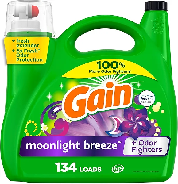 Gain Liquid Laundry Washing Detergent, Moonlight Breeze Scent 194 fl oz, 134 Loads, Lasting Freshness + Powerful Cleaning and Odor Fighting ingredients
