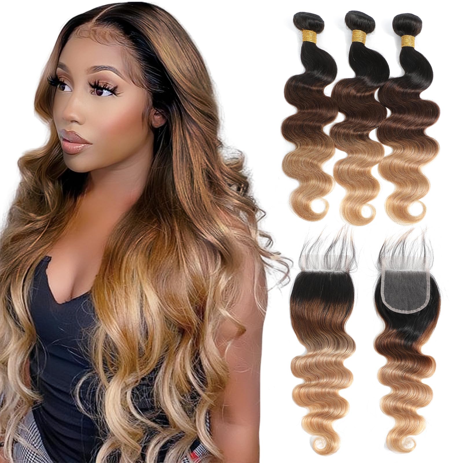 Ombre Human Hair Bundles with Closure Ombre Body Wave Bundles Human Hair with Closure (12 14 16+10) 12A 100% Unprocessed Brazilian Virgin Remy Hair 3