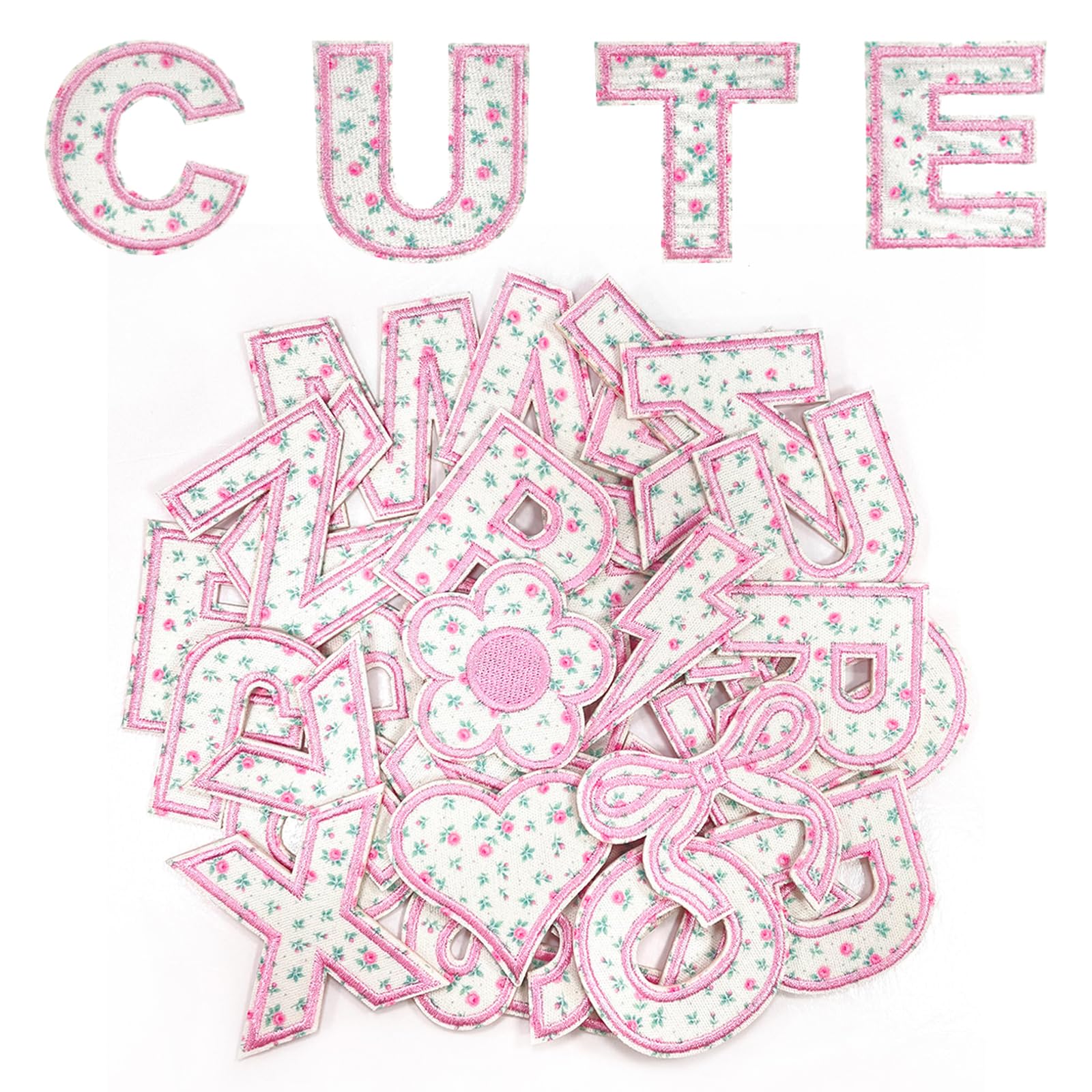 30PCS Iron on Letter Patches A-Z,A-Z Embroidered Applique Patches,Iron on Embroidered Patch,Floral-Patterned Towel Embroidery,Includes Flower,Heart,Lightning Bolt,Bow Patch,forClothes,Scarves