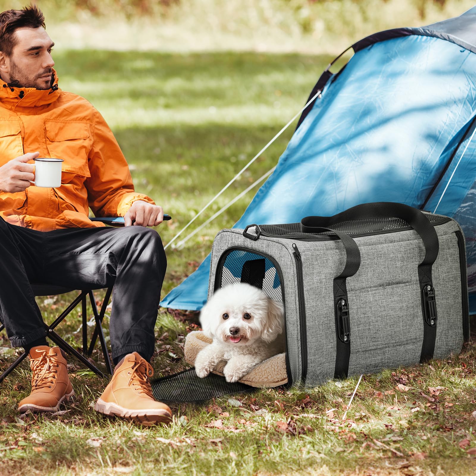 Petsfit Transportín para gatos y perros para coche, transportador para perros, plegable, con 2 hebillas patentadas para asiento de coche, red de 4 lados y cojín extraíble, L/gris