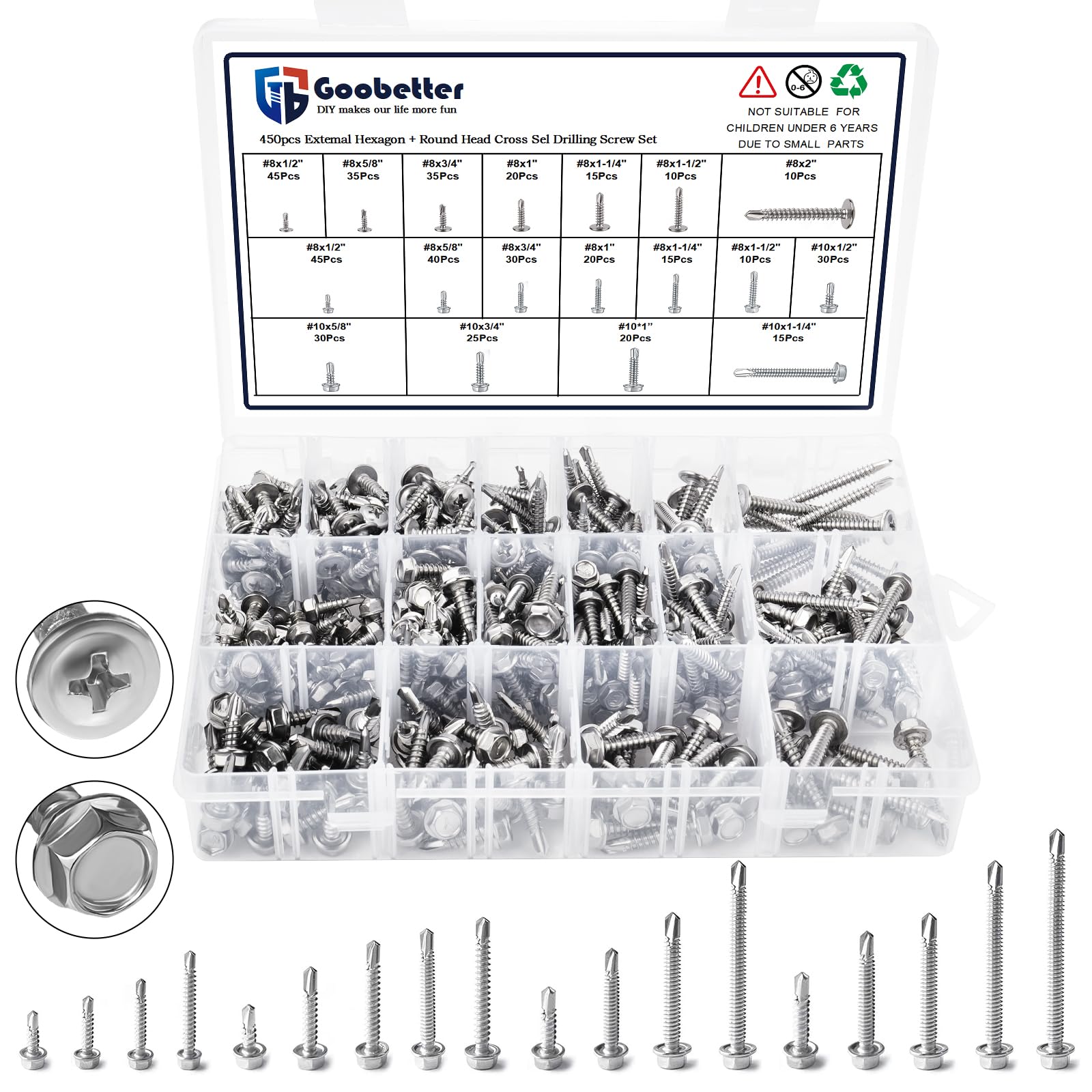 Goobetter 450PCS Stainless Steel Self Tapping Screws for Metal - #8#10 Self Drilling Screw Assortment Kit, Hex/Phillips Head (Sizes #8x1/2” to 2”,