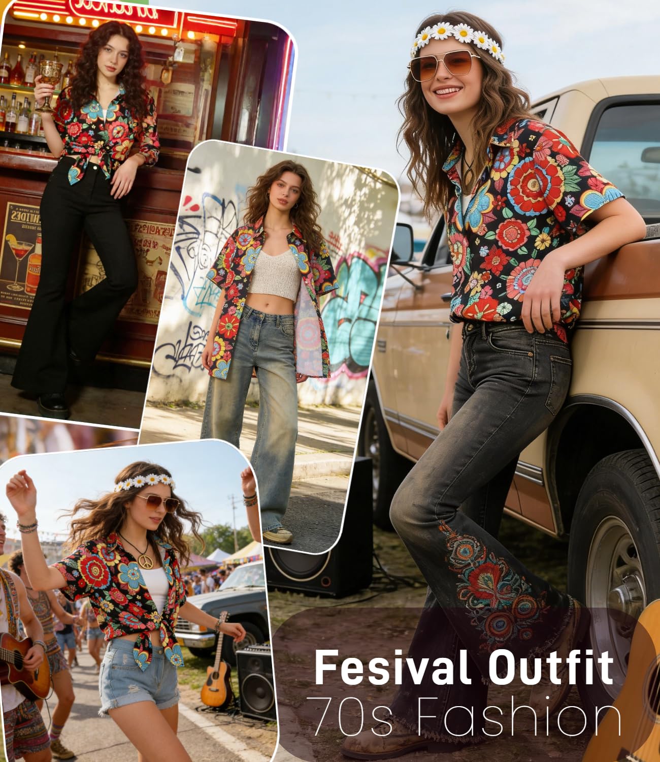 kasahara Costume hippie pour femme, Haut hawaïen, Chemise vintage, Tenue années 80 et 90, Décontracté, Rétro Costume de carnaval