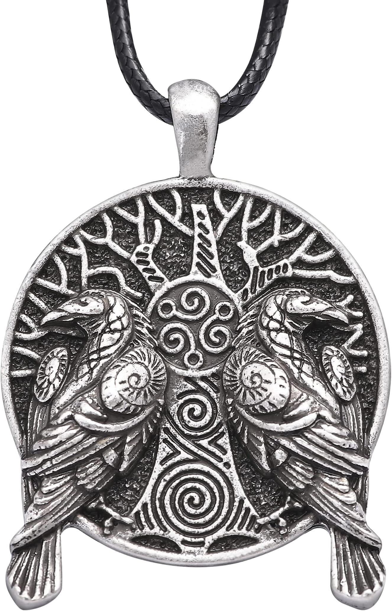 HAQUIL Raven Necklace, Huginn and Muninn Tree of Life Pendant, Faux Leather Cord, Viking Jewelry Gift, Zinc