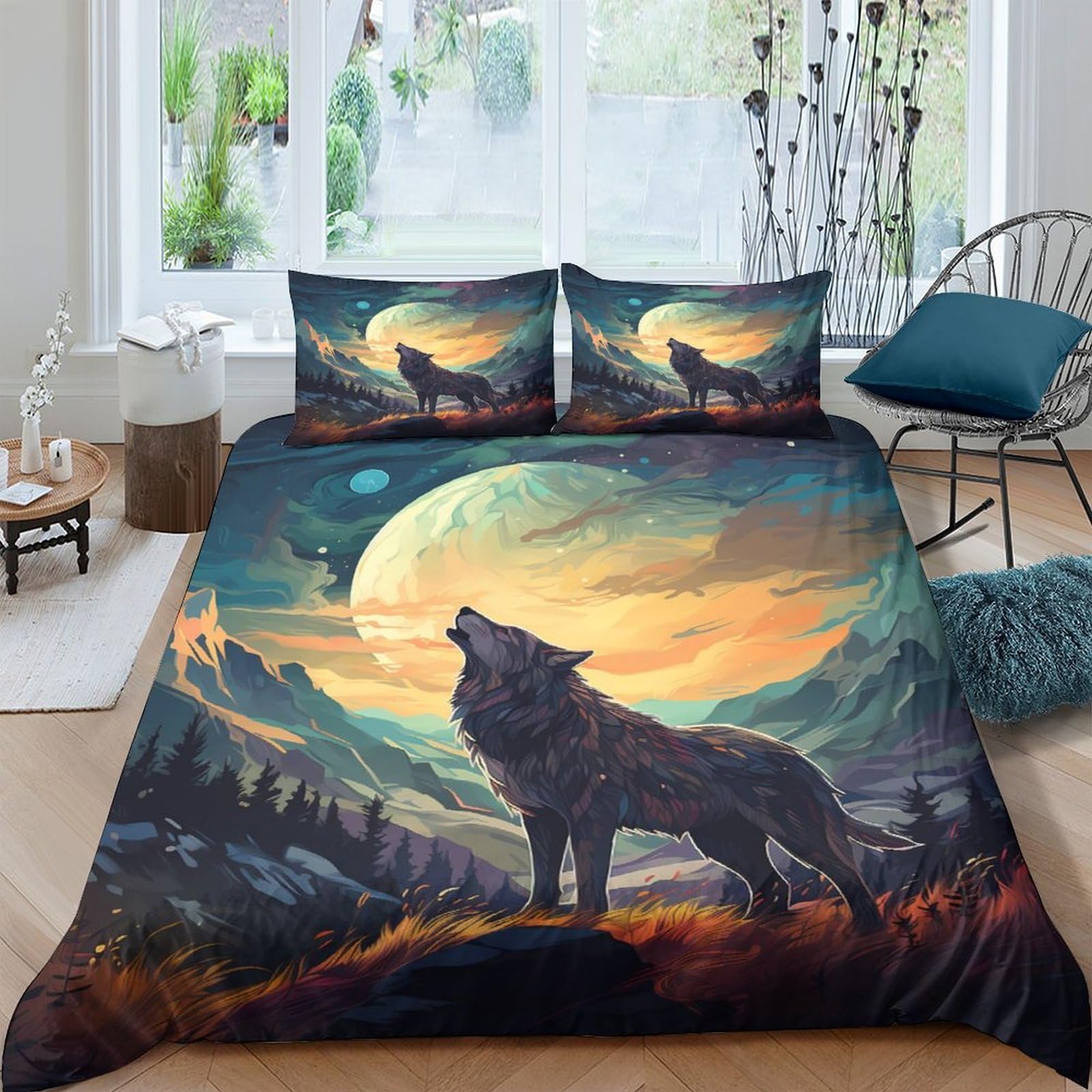 Ctjqhvkz Style-4 3D Printed Wolf Moon Fitted Sheet Microfiber Forest Landscape Mattress Cover Non-Slip Machine Washable For Bedroom Decor Single（135X200cm）