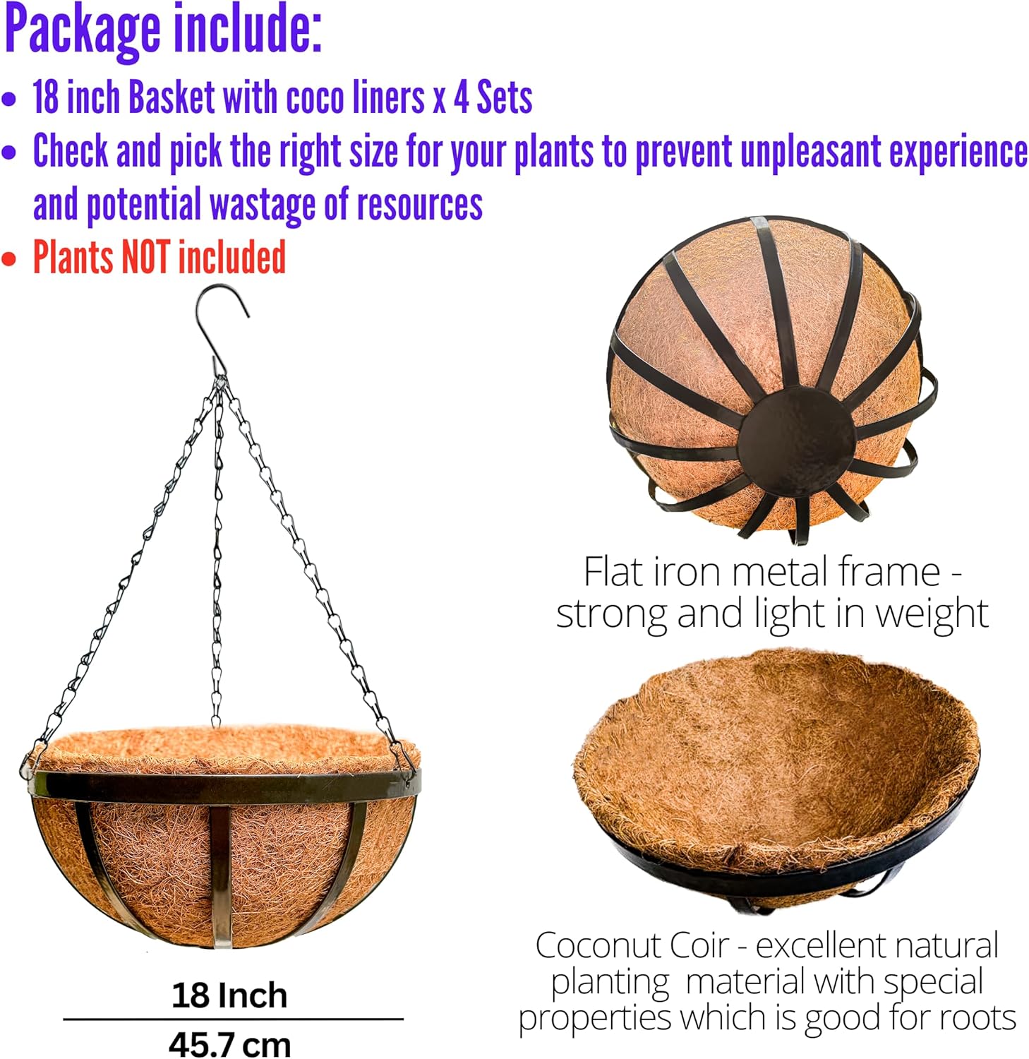 LaLaGreen Outdoor Hanging Baskets for Plants (4 Pack, 18 Inch) Extra Large Black Metal Flat Iron Hanging Planter with Coco Liner Round Flower Pot Holder Deck Porch Modern Garden Balcony Rustic Decor