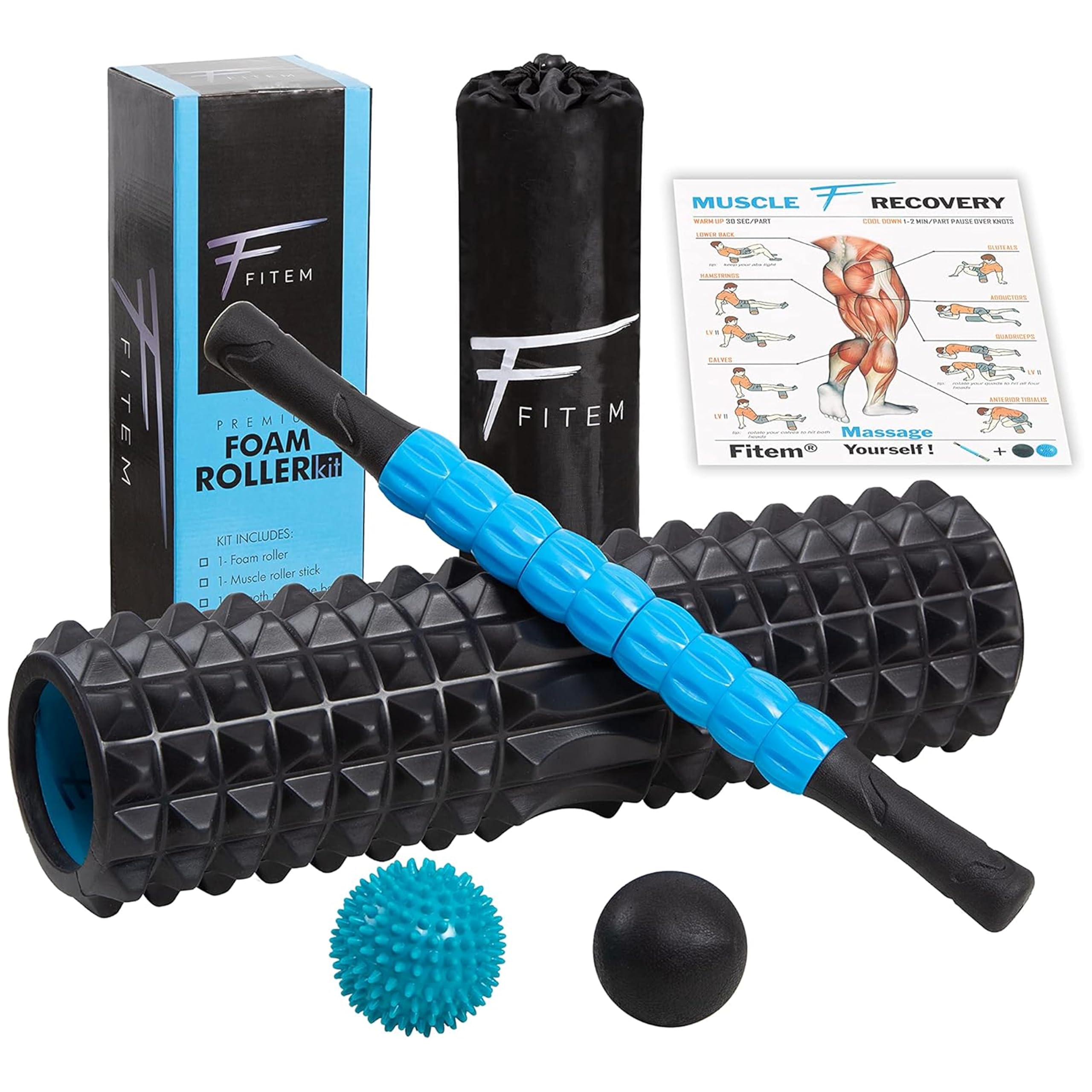 Fitem Set Rullo Massaggio Muscolare Foam Roller 4in1 Nero