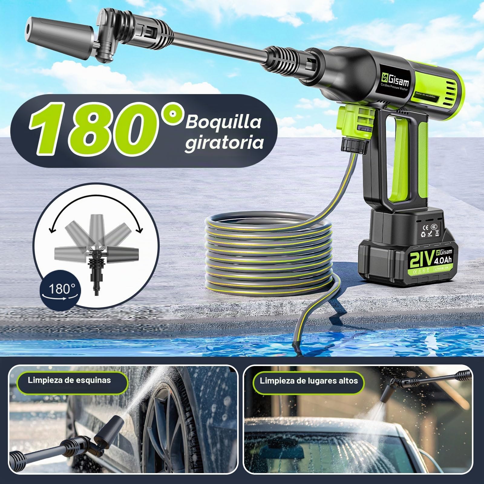 Hidrolimpiadora De Alta PresióN A BateríA 120bar, Pistola De Agua InaláMbrica con 2 BateríAs 4.0ah (Led), 6 En 1 Y Boquilla Giratoria 180° para Lavado De Coche, Fachadas Y Riego De JardíN