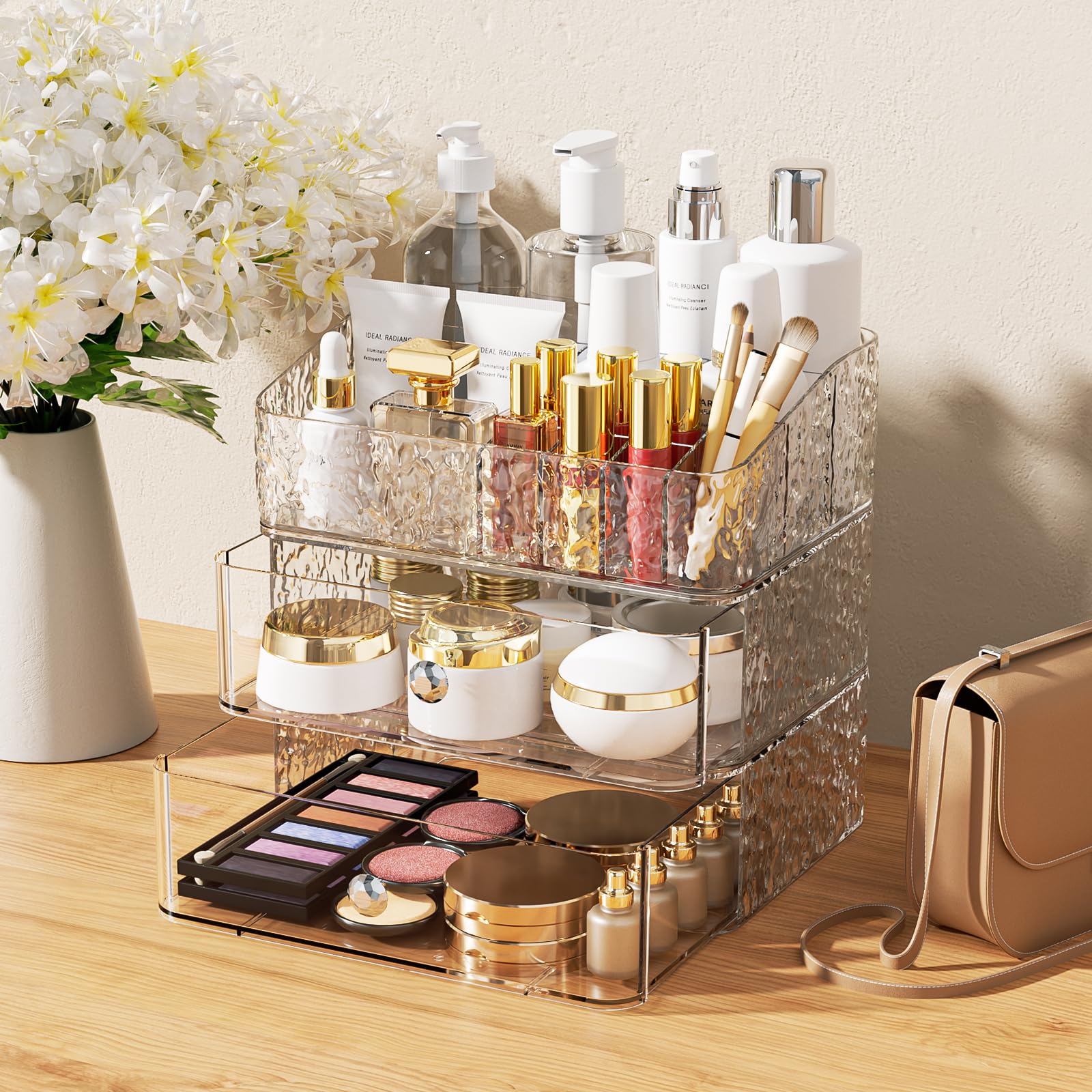 【Water Ripple】A-LUGEI 3-Layer Makeup Organizer Countertop,【Thicker Design】 Stackable Perfume Organizer, Bathroom Organizer and Storage, Cosmetic Storage drawers, Skincare Organizer for Vanity Dresser