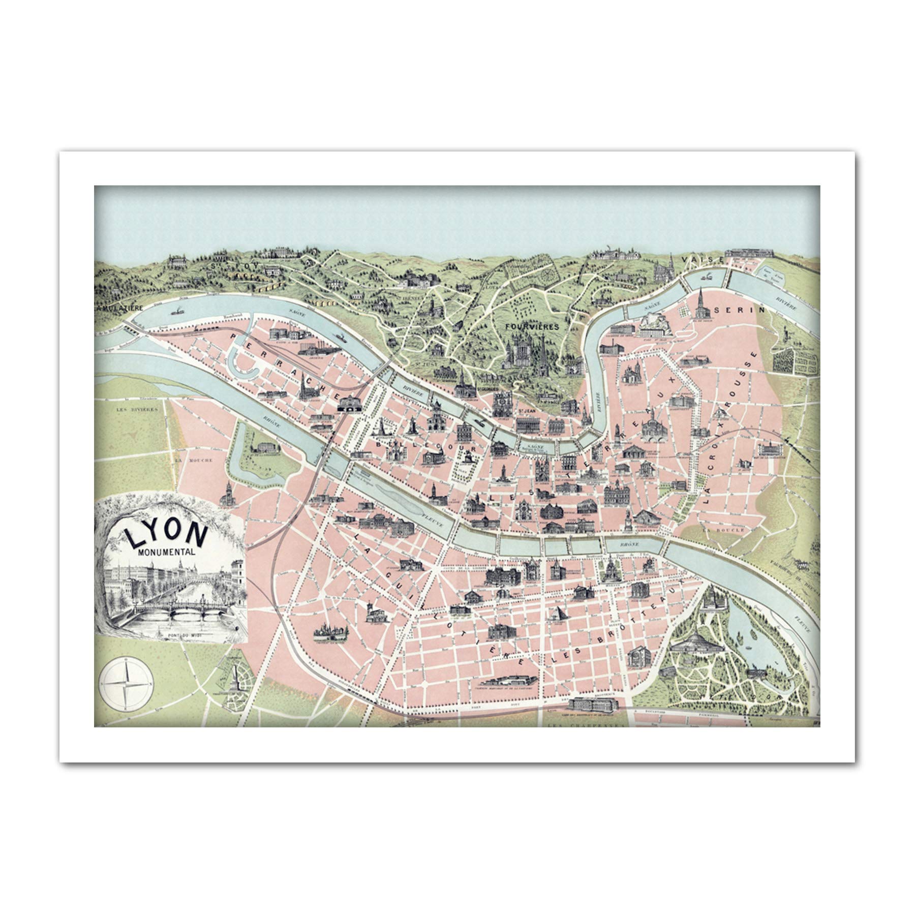 Artery8 Lyon City Monument Landmark Map France 1894 Artwork Framed Wall Art Print 18X24 Inch