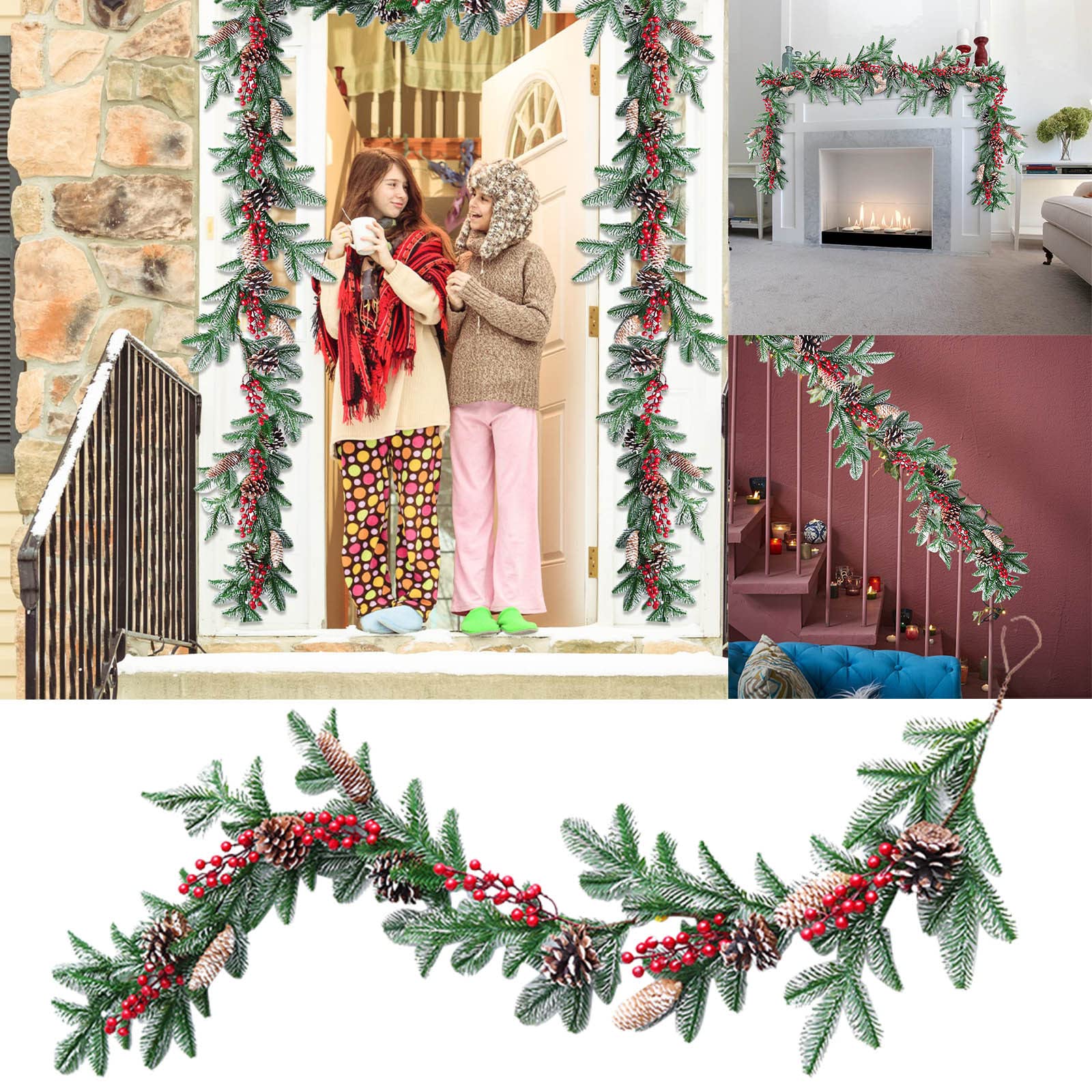 Guirnalda de pinos artificiales de 1,6 m con ramas de bayas rojas, piños, piños, guirnalda de vegetación de invierno para temporada festiva, chimenea, camino de mesa, centro de mesa, decoración 062035