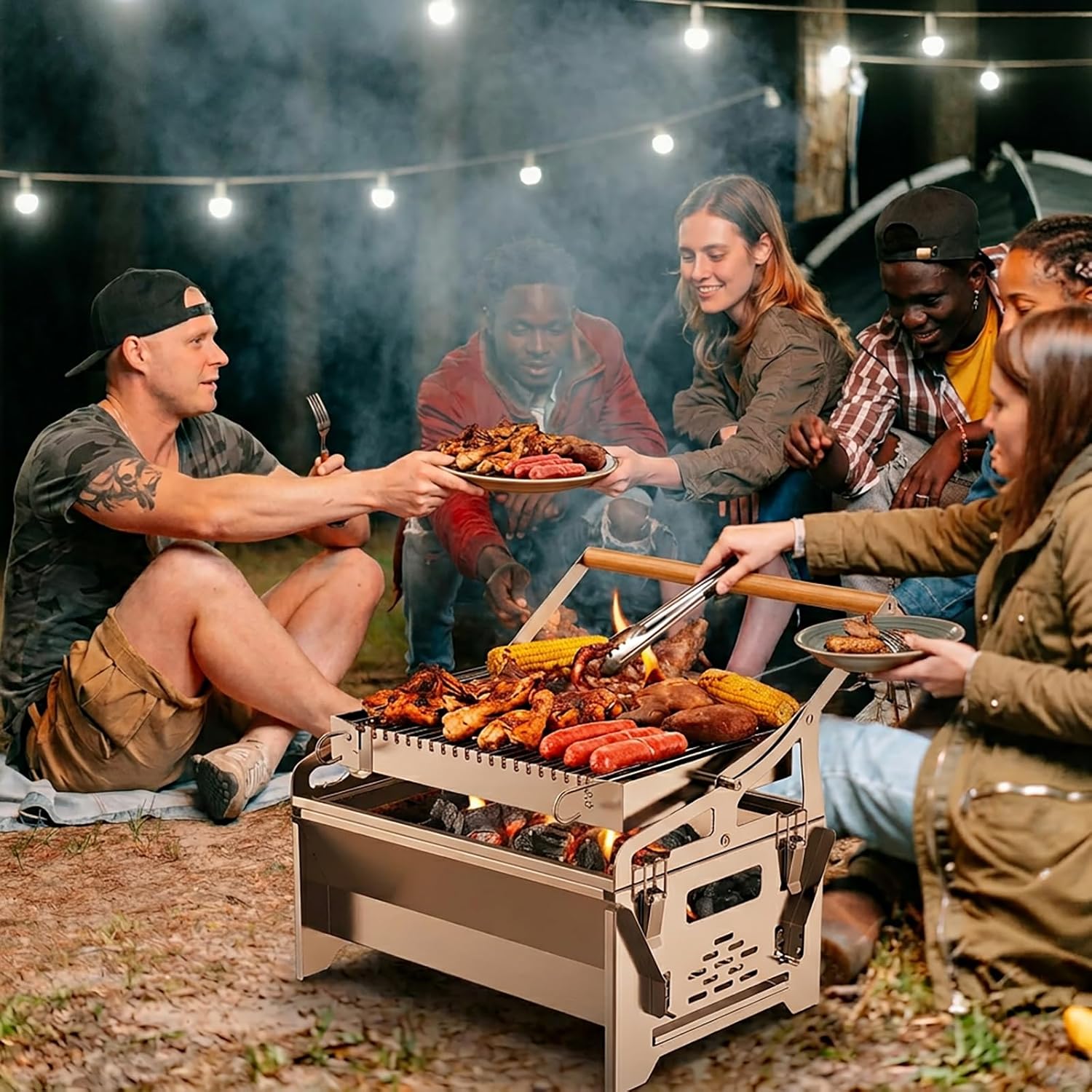 360° Rotating Charcoal Grill with Flipping Basket, Portable Stainless Steel BBQ Grill for Camping, Picnic & Backyard, Detachable Outdoor Barbecue Smoker Grill with Carry Bag, 15.6" × 15.4" × 11"