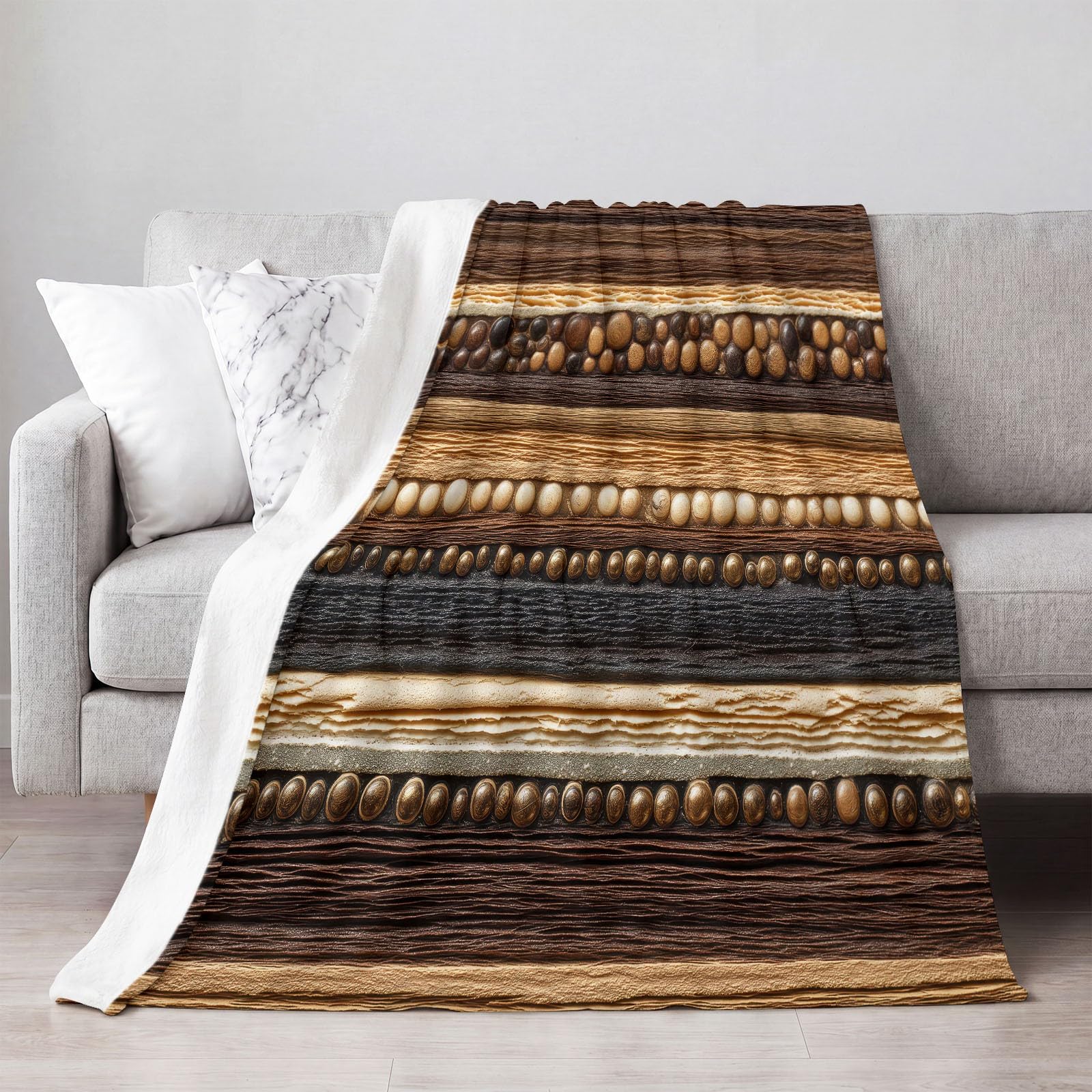 220 x 240 cm Koc polarowy w kratę Naturalne i geometryczne motywy słojów drewna, miękka flanelowa narzuta na łóżko pasuje do dorosłych i dzieci ciepły zima, brązowy