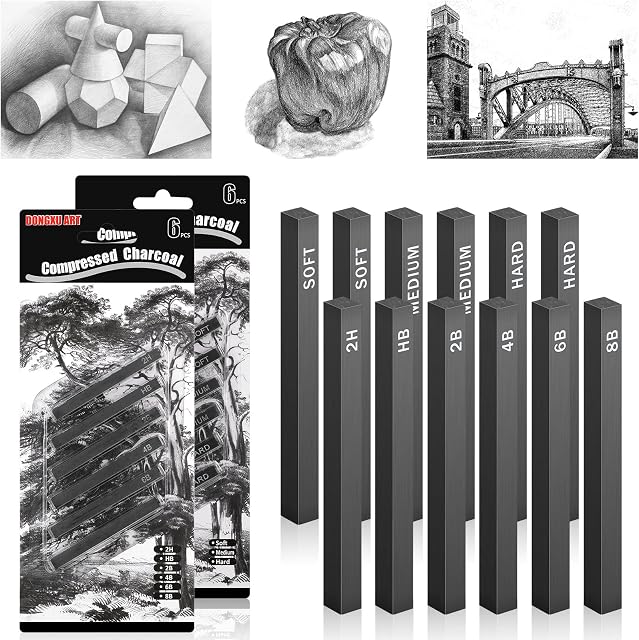 12 Pcs Compressed Graphite Sticks Square Compressed Charcoal Sticks Graphite Pencils Drawing Pencils Set for DIY Drawing Crafts, Shading, Sketching, Beginners, Drawing Class Kids and Artists