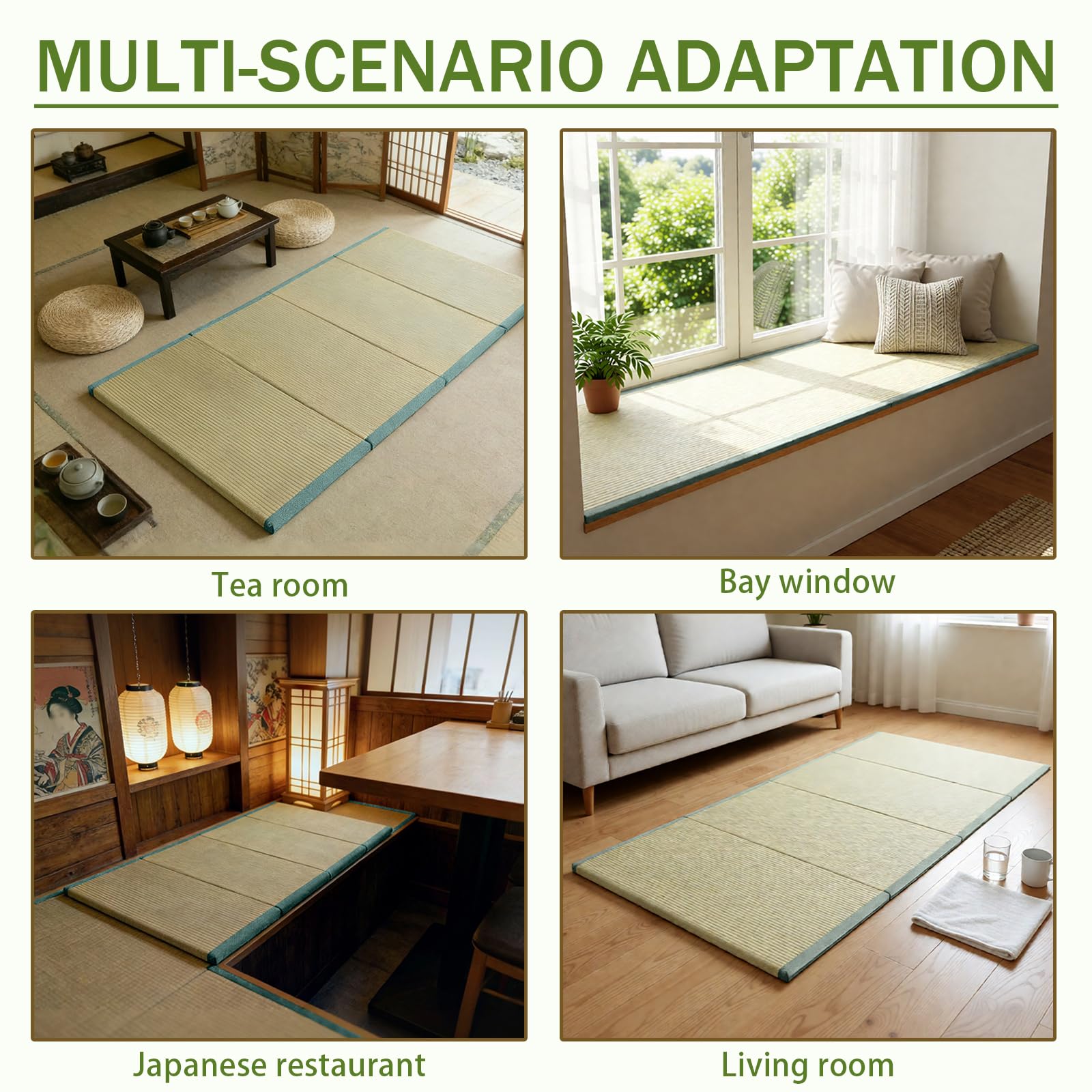 Materasso Tatami Tradizionale Giapponese con Erba Corsa Verde Naturale, Tappeto a Pavimento Portatile a 4 Volte, Tessuto Comodo e Traspirante per Letto/Meditazione/Yoga(Size:100x200x3.5cm)