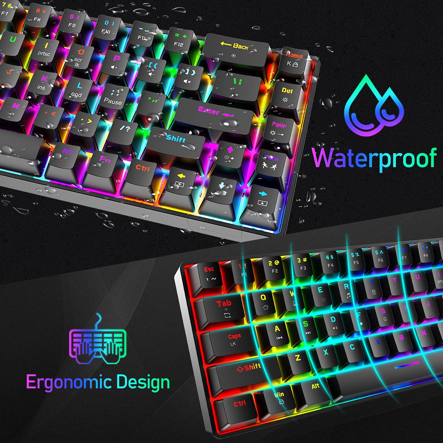 T8 Teclado mecánico actualizado 60% para juegos compacto tipo C con cable 68 teclas LED retroiluminado USB teclado impermeable 18 Chroma RGB Backlight teclas anti-ghosting (interruptor marrón )