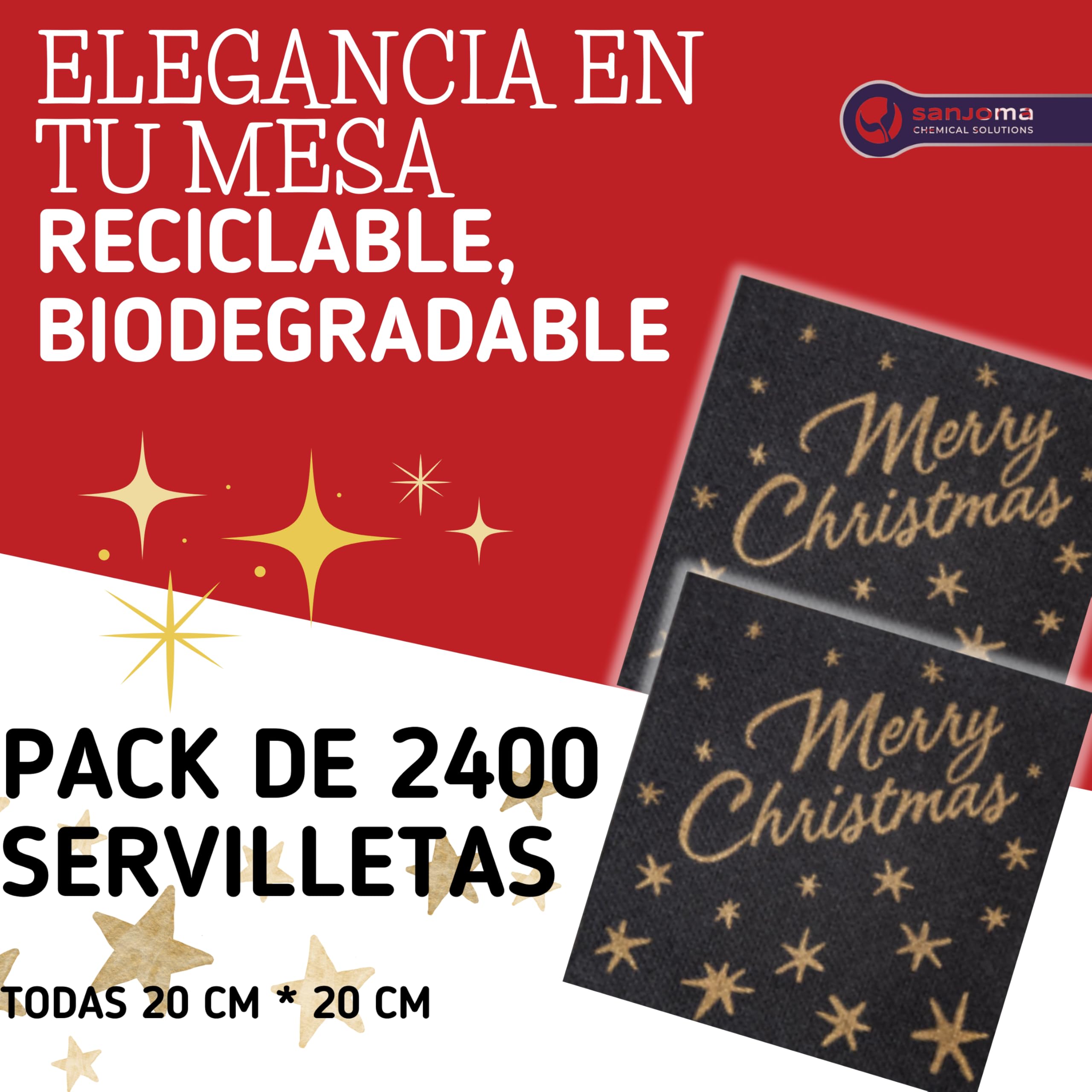 SANJOMA Servilletas Doble Punto de Navidad, Decoradas Con “Merry Christmas” | Para fiestas y Cena De Navidad | Reciclable Y Biodegradable | Servilletas Tissue Negras y Oro (2400 SERVILLETAS, 20x20 CM)