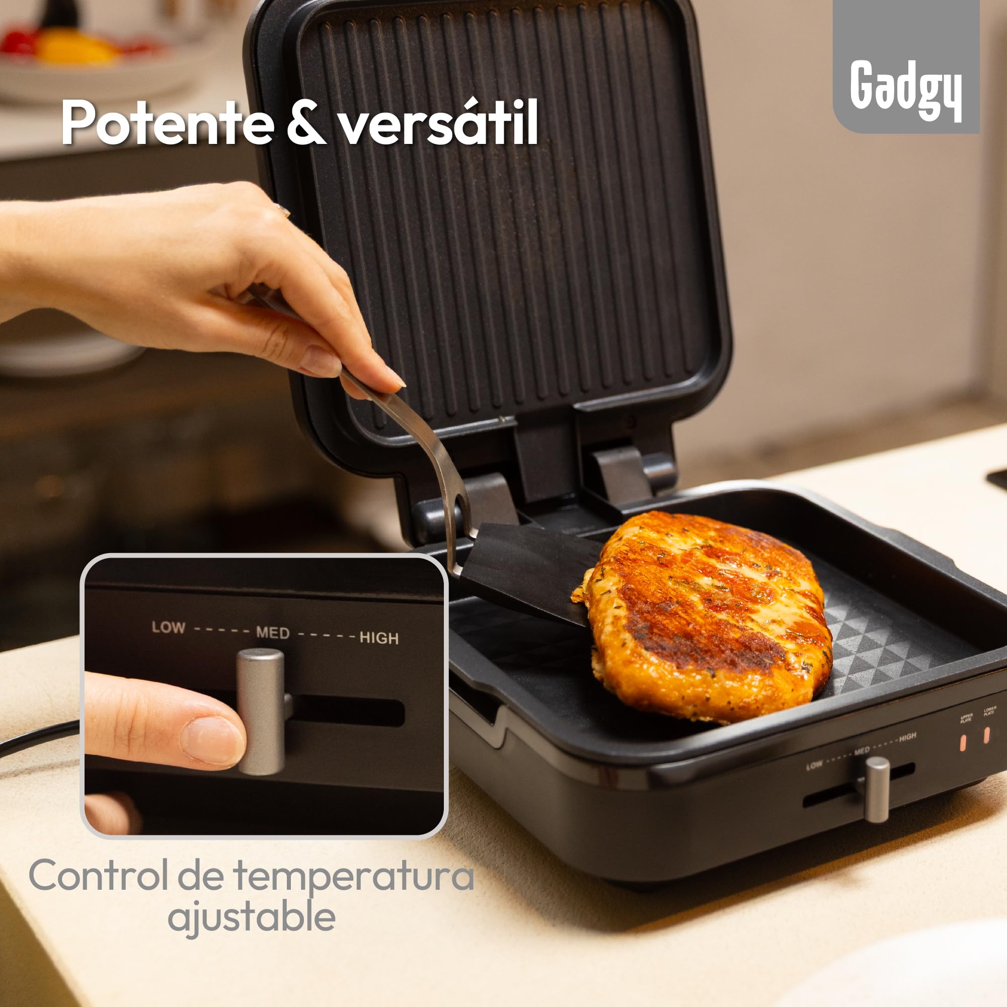 Gadgy 1400W Barbacoa de Contacto 2 en 1 – Base Extraíble – Temperatura Ajustable – Asado Simple y Doble Cara – Antiadherente – Negro Mate/Plata
