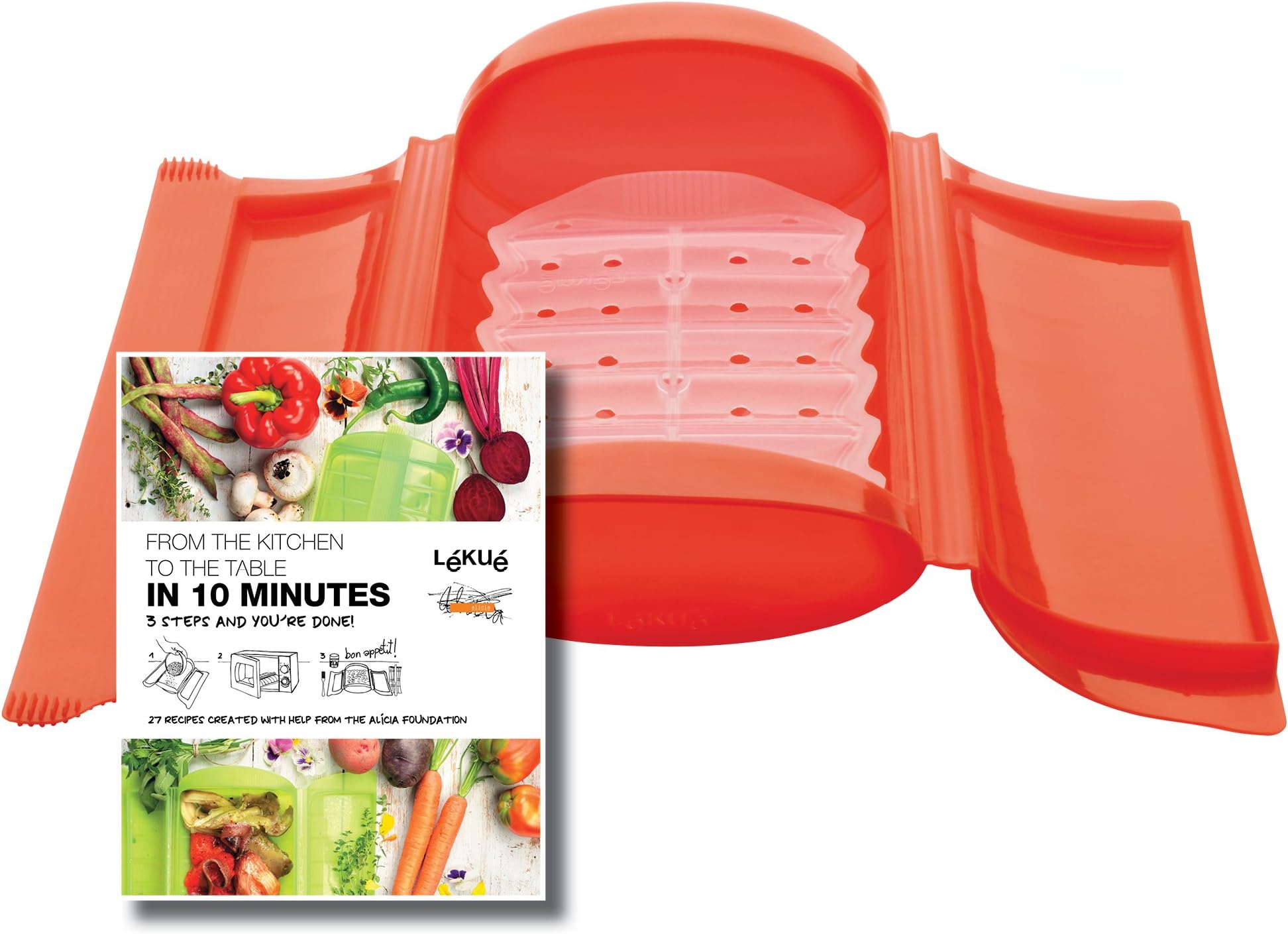 Lékué 3-4 Person Steam Microwave Cooking Case with Draining Tray & 10min Cookbook (Green) 100% Silicone BPA-Free Family Portion Steam Cooking Container for Meals, Meat, Fish & More