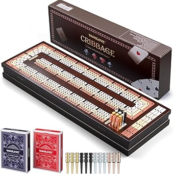 VAMSLOVE Upgraded Wooden 4-Track Cribbage Board Game Magnetic Scoreboard with Large Slots for Storing 2 Playing Cards and 12 Metal Pegs, Travel Family Game Night Instruction Included