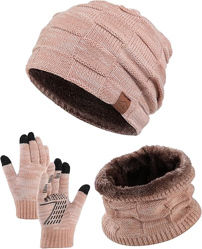 AWAYTR Kids Winter Hat Gloves Scraf Sets, Beanie for Boys Girls Toch Scree Glove