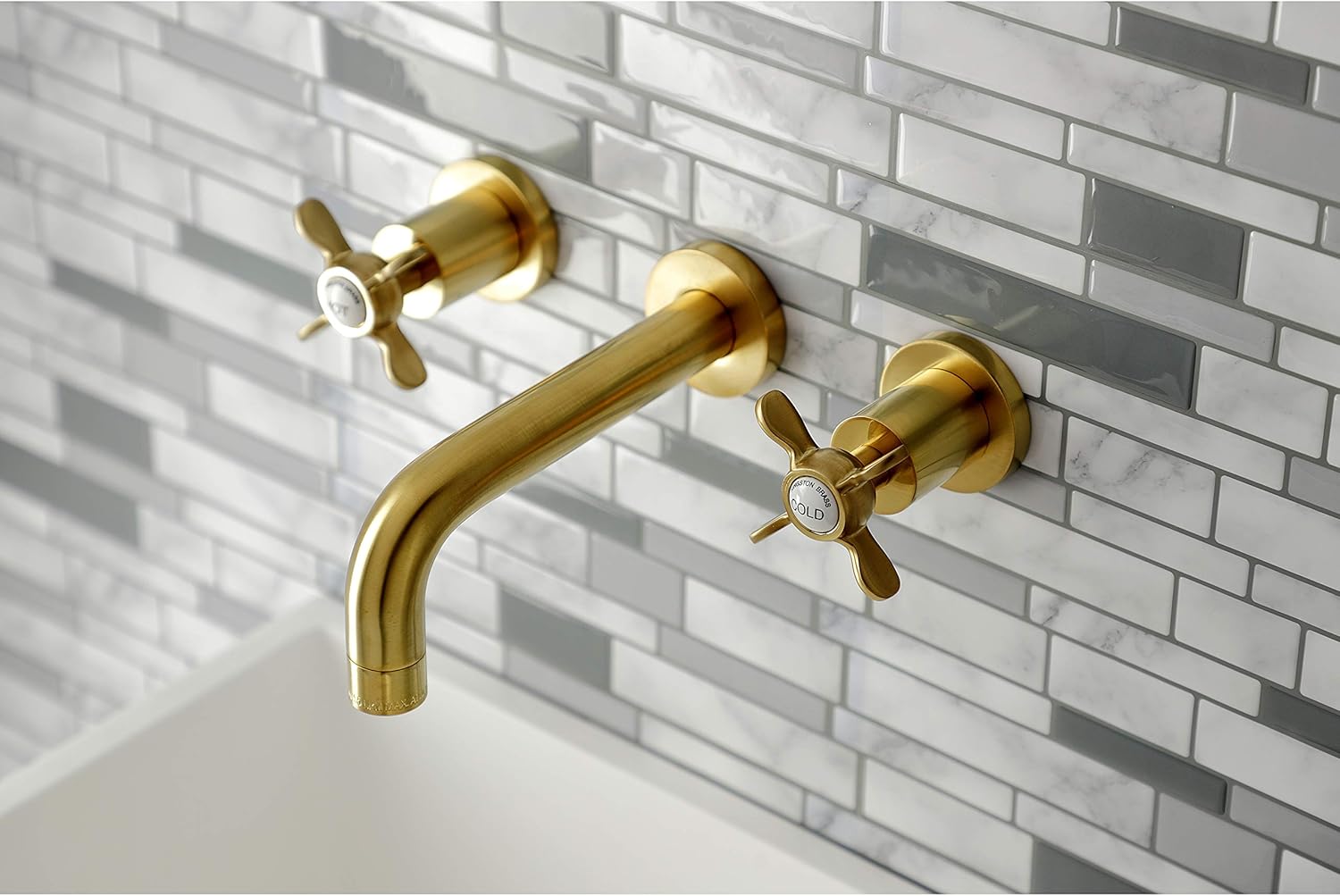 Kingston Brass KS8127BEX Essex 2-Handle 8 in. Wall Mount Bathroom Faucet, Brushed Brass
