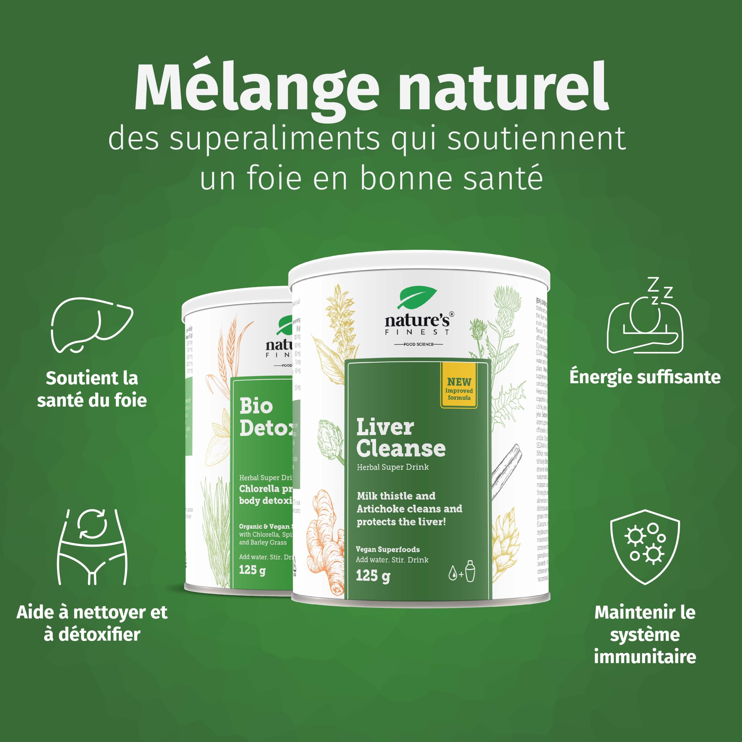 Nature's Finest Liver Cleanse + BIO Detox, Duo 250 g | Duo de boissons en poudre : Liver Cleanse orange (curcuma, chardon-Marie) et BIO Detox (5 superaliments verts bio)
