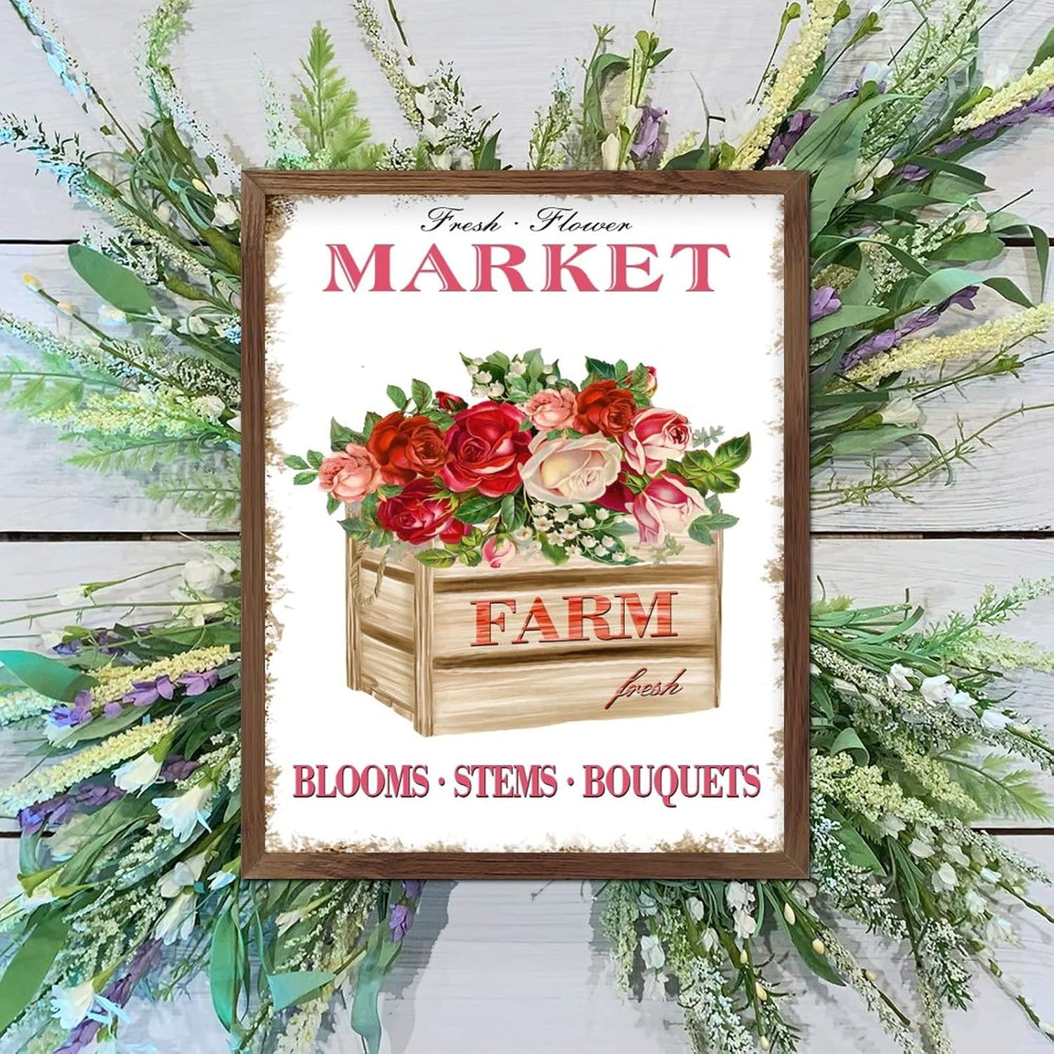 Farm Fresh Flower Market Wood Framed Signs Spring Fresh Rose Floral Box Wood Block Plaque Classic French Floral Wall Art Hanging Decor for Home Office Kitchen Bathroom Bedroom 20x16inch