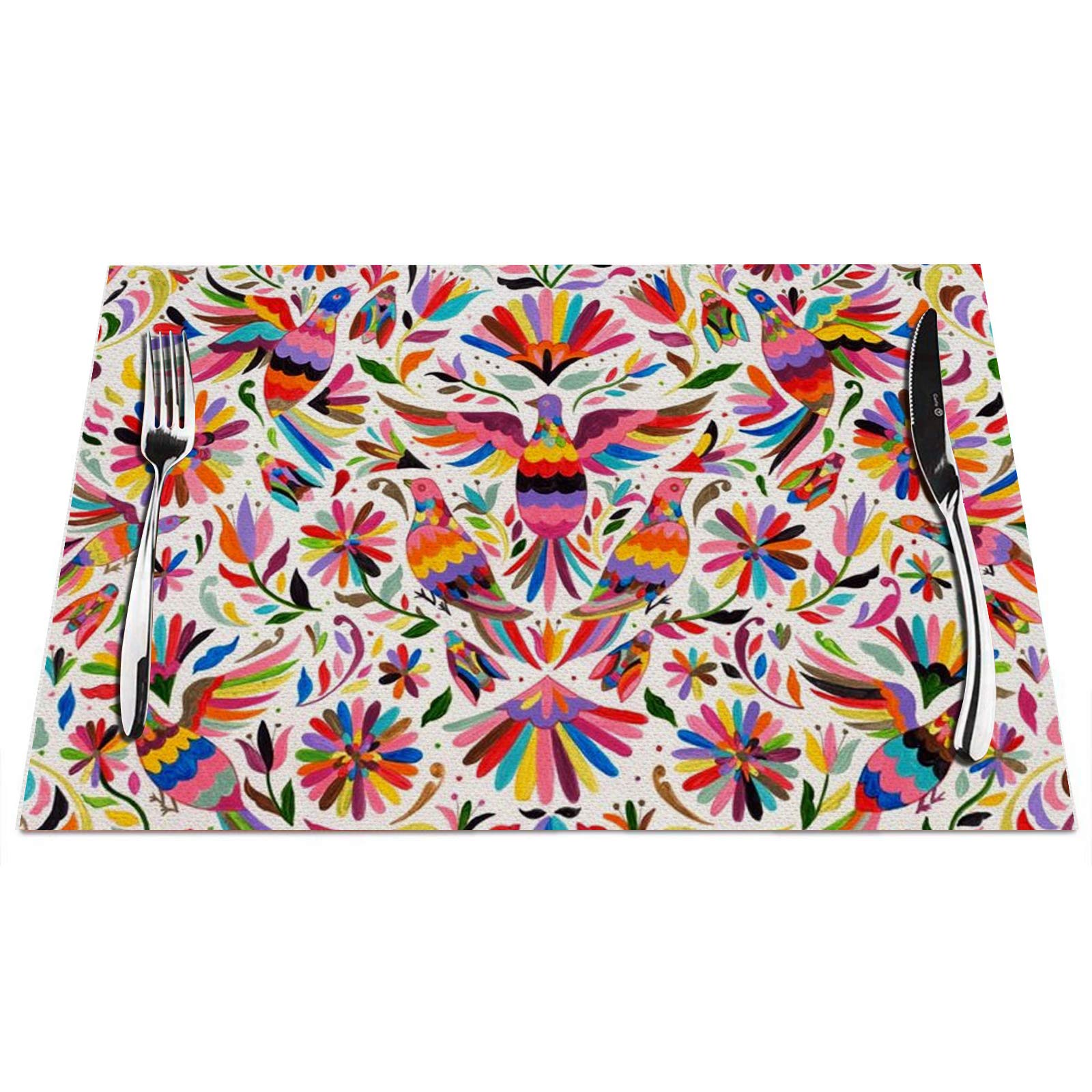Mexican Placemats Set of 4, Mexican Design Colorful Pigeons Pheasant Placemats Heat Resistant for Dining Table Non-Slip 18x12 Inches