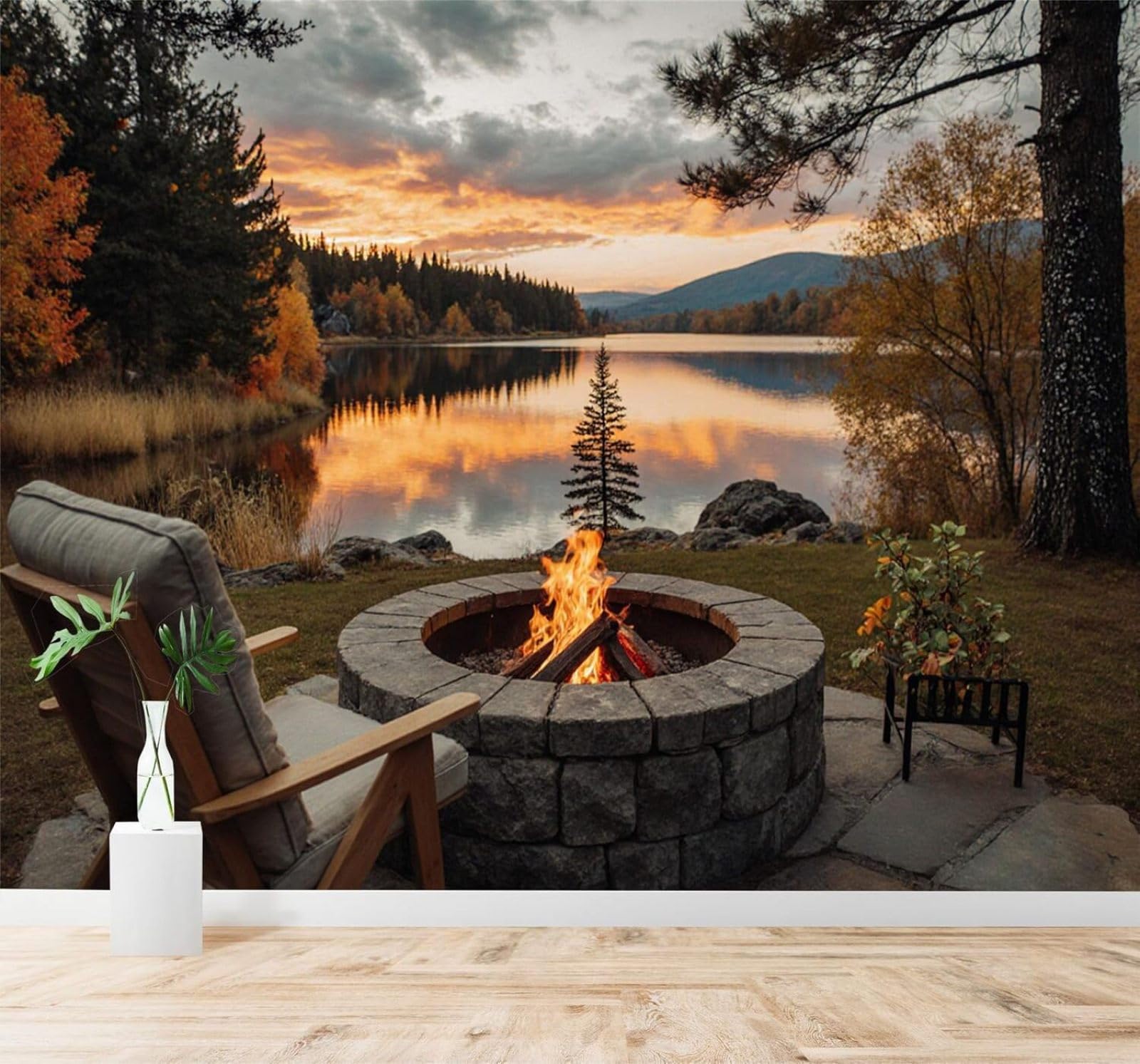 XLMING Lakeside Bonfire Autumn Forest Sunset Reflection 3D Wallpaper Silky Texture Home Study Office Grey Dining Room Sofa Bedroom Living Room TV Backdrop-250cm×170cm