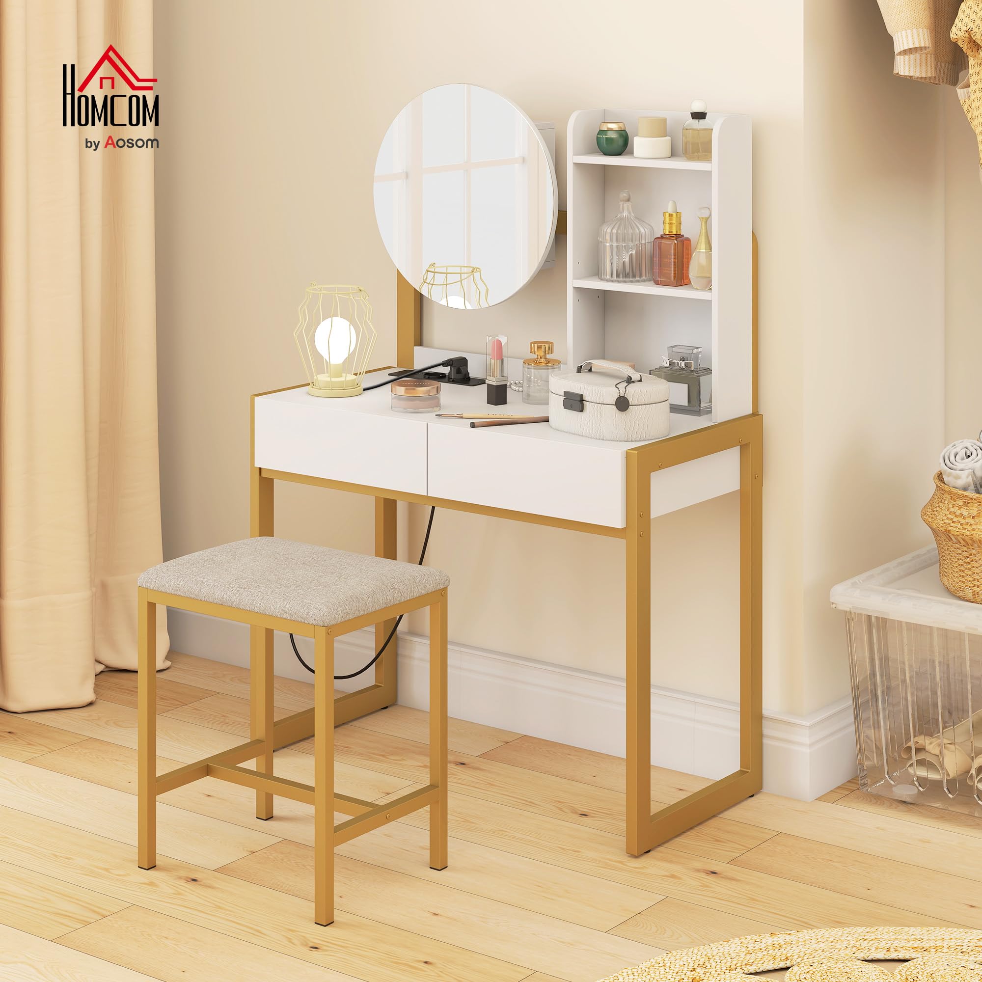 HOMCOM Tocador de Maquillaje con Espejo y Taburete Acolchado, Tocador con Estación de Carga, 2 Cajones, 3 Estantes Abiertos, Puerto USB, Estructura Metálica, para Dormitorio, Blanco