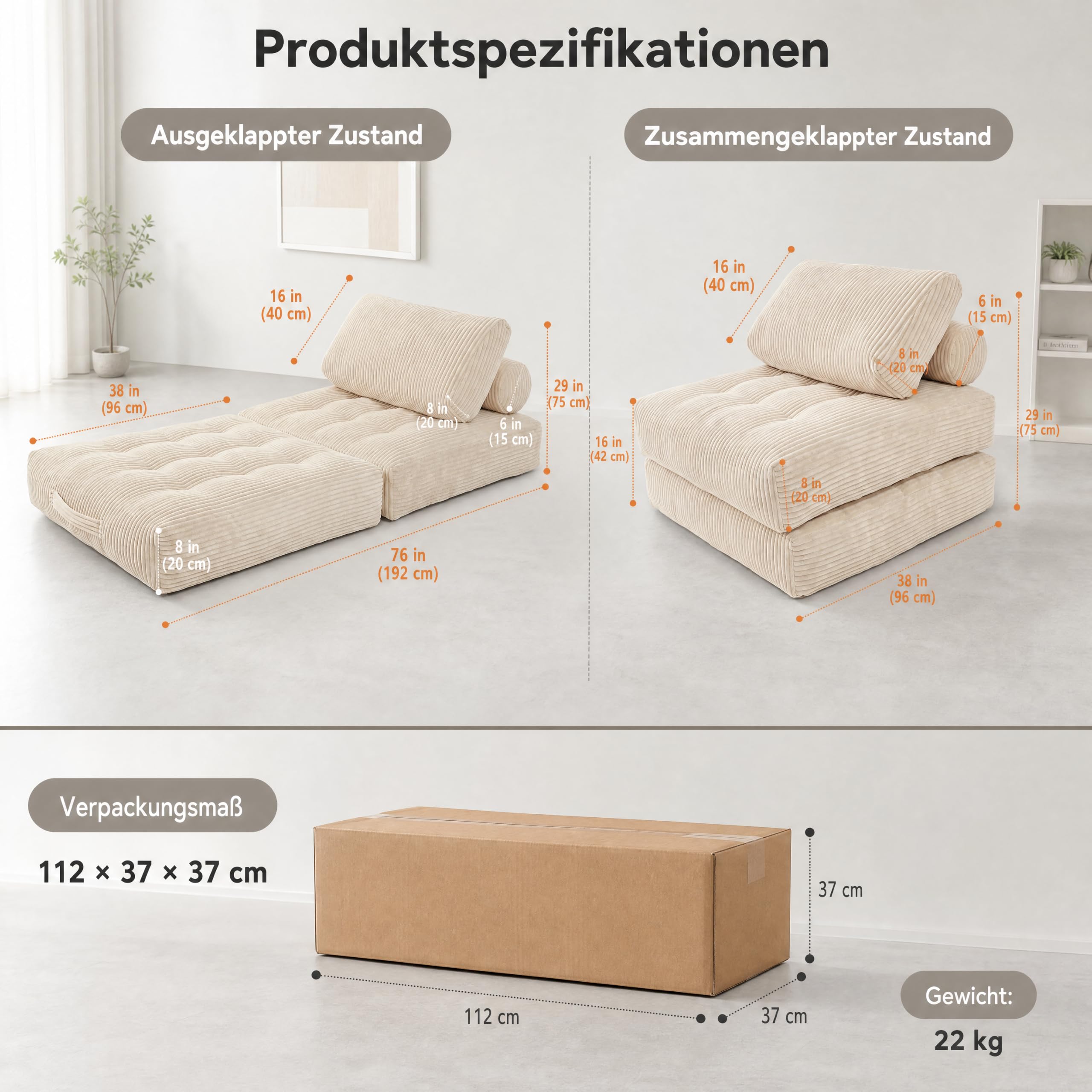 Faltbares Schlafsofa aus Hochflor mit Kopf-Lendenkissen, 192x96cm (Beige)