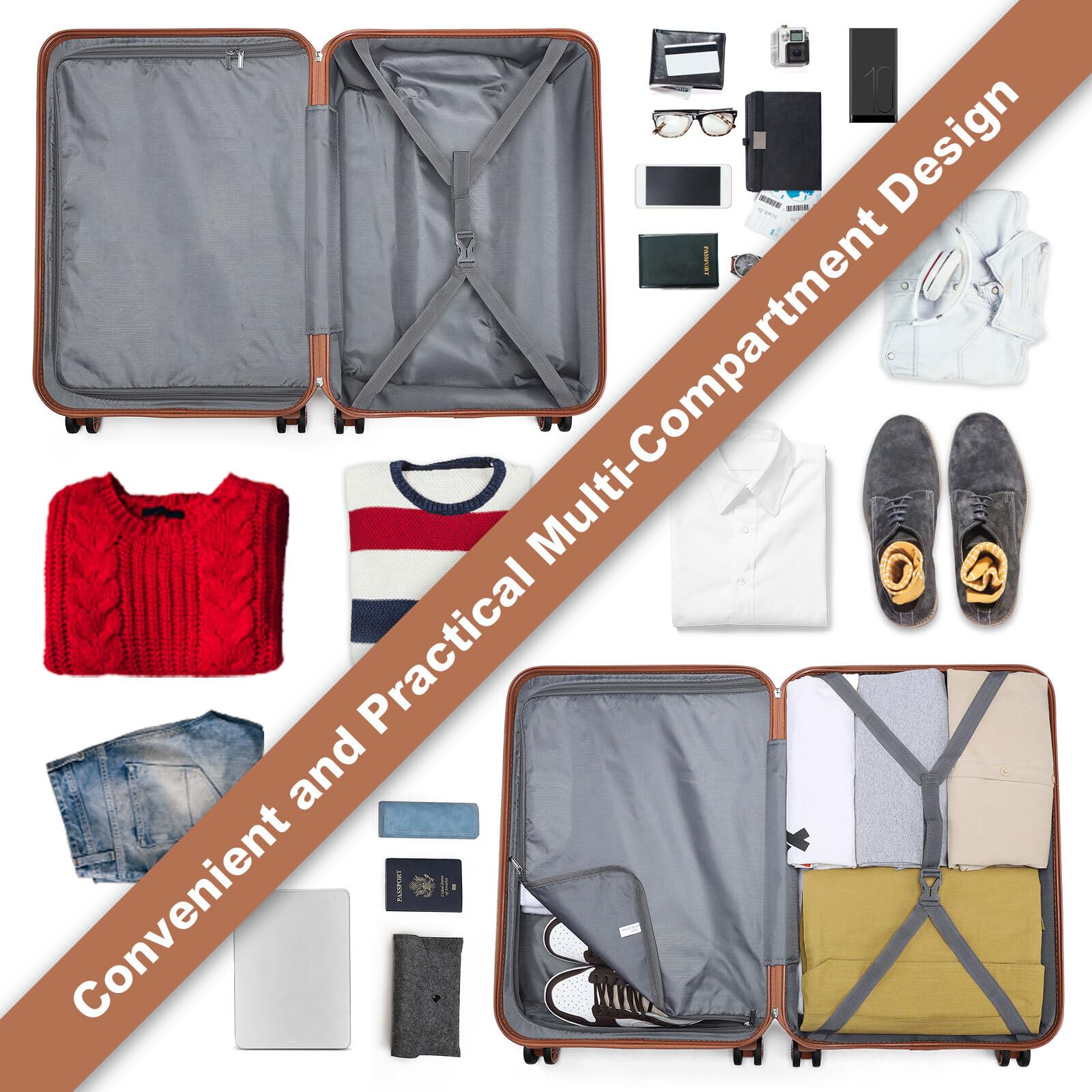 KONO Koffer & Trolleys Mittelgroß 24 Zoll Leicht ABS+PC Hartschalenkoffer mit TSA-Schloss Reisekoffer mit 4 Rollen Rollkoffer 65×44×25.5cm, Cremeweiß