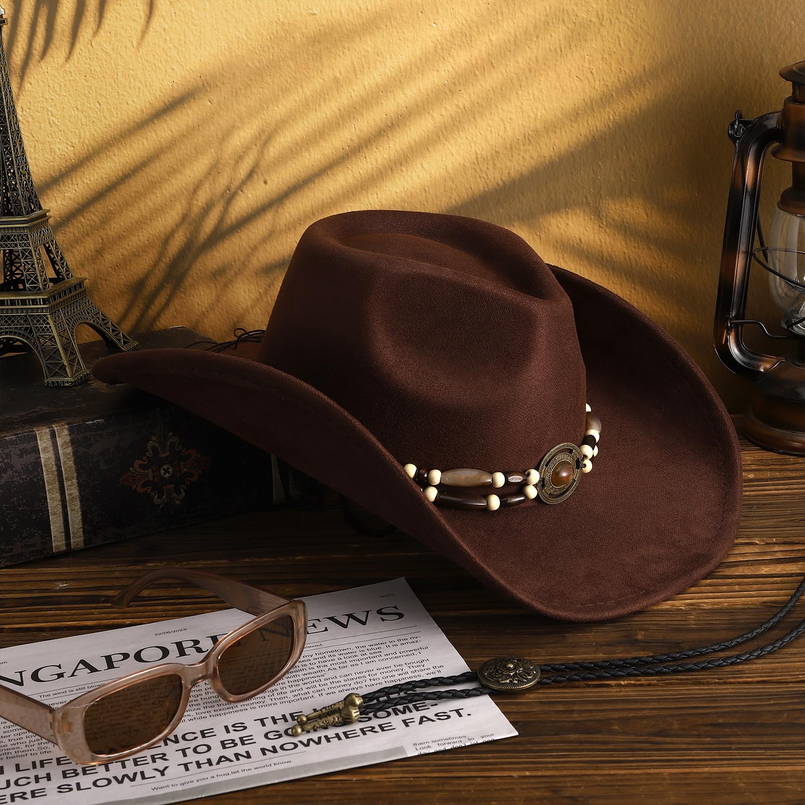 ViEinkaufen Cappello da cowboy per donne e uomini, cappello occidentale in pelle scamosciata, Fedora, cowboy e cowgirl, cappello Panama per feste, viaggi, spiaggia all'aperto