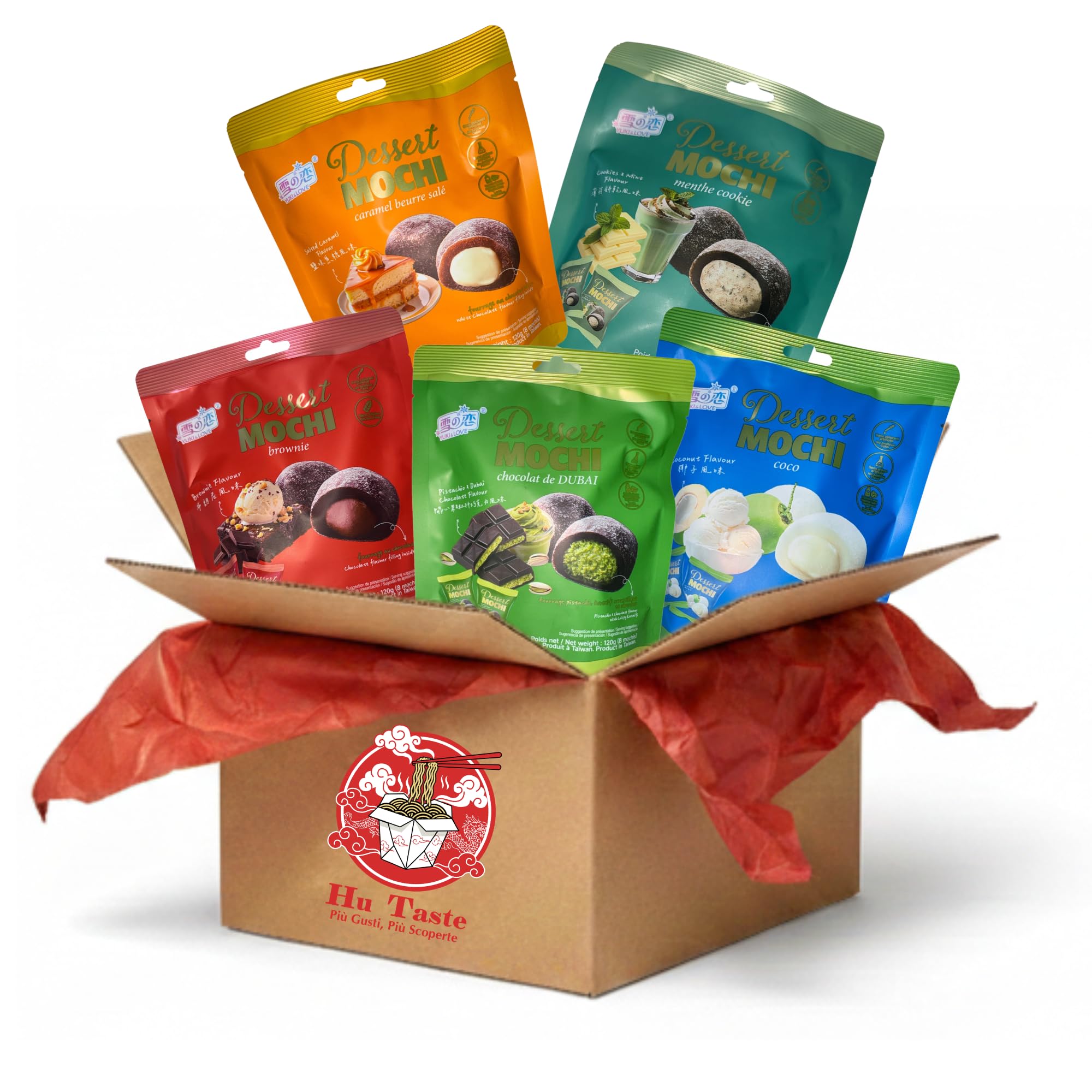 HU TASTE Mochi Dessert Selection: Mix 5 Gusti Pistacchio, Cocco, Menta, Brownie, Caramello Salato - Snack Dolci Giapponesi, Japanese Food Snack Box e Dolci Giapponesi Assortiti, 5 Confezioni
